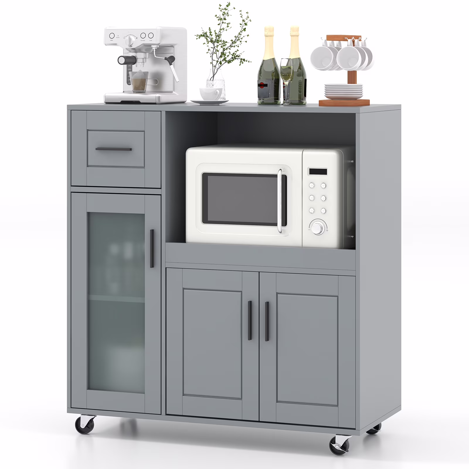 Topbuy Rolling Kitchen Island with Wheels Kitchen Cart?with Drawer and Glass Door Cabinet