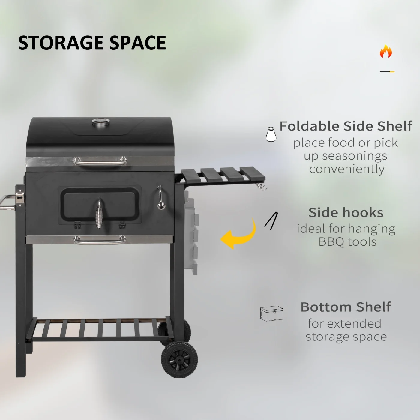 44.5" Charcoal BBQ Grill, Outdoor Portable Cooker for Camping or Backyard Picnic with Side Table, Bottom Storage Shelf, Wheels and Handle, Black - Image 5