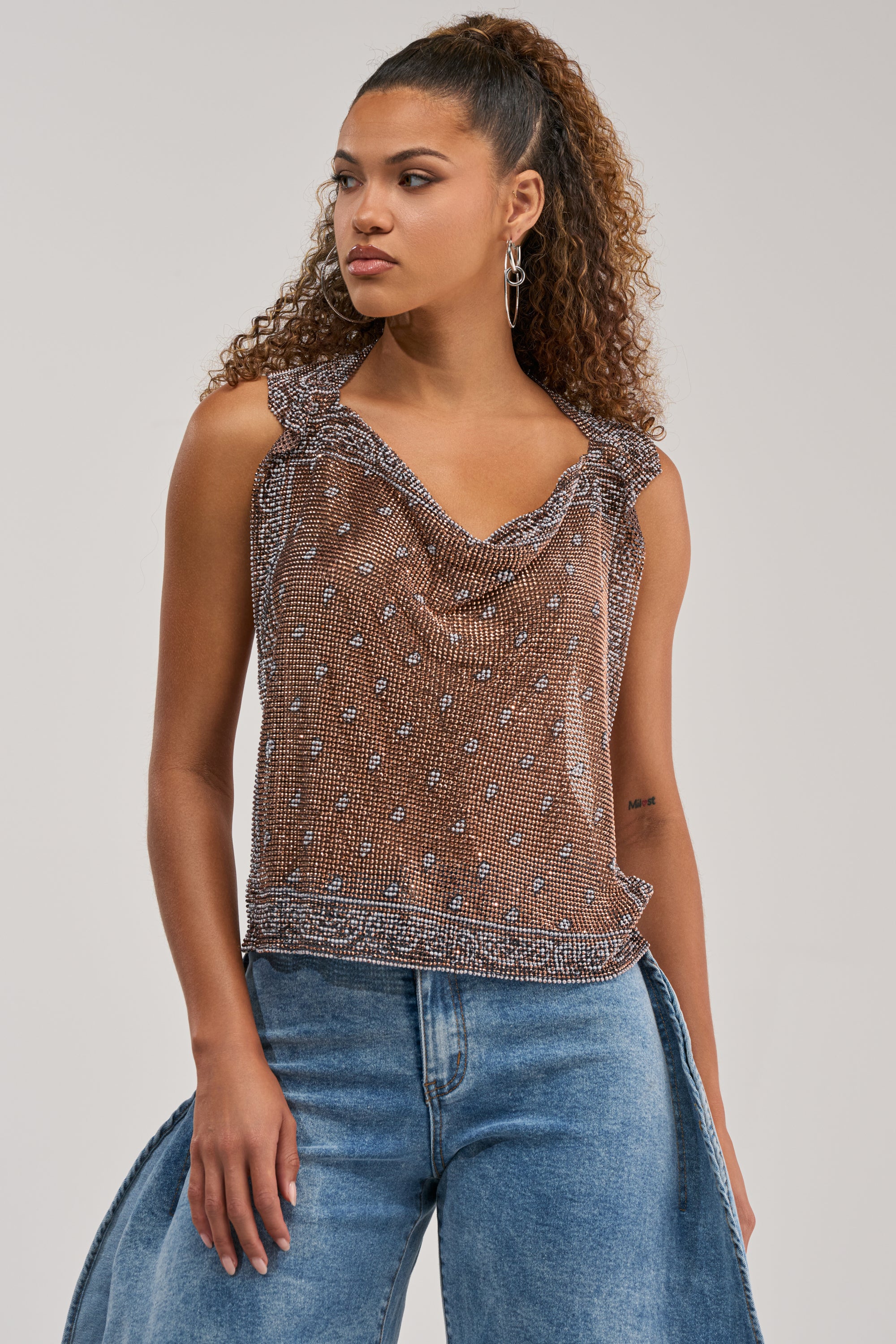 BRONZE BANDANA PRINT RHINESTONE TOP - Akira Store