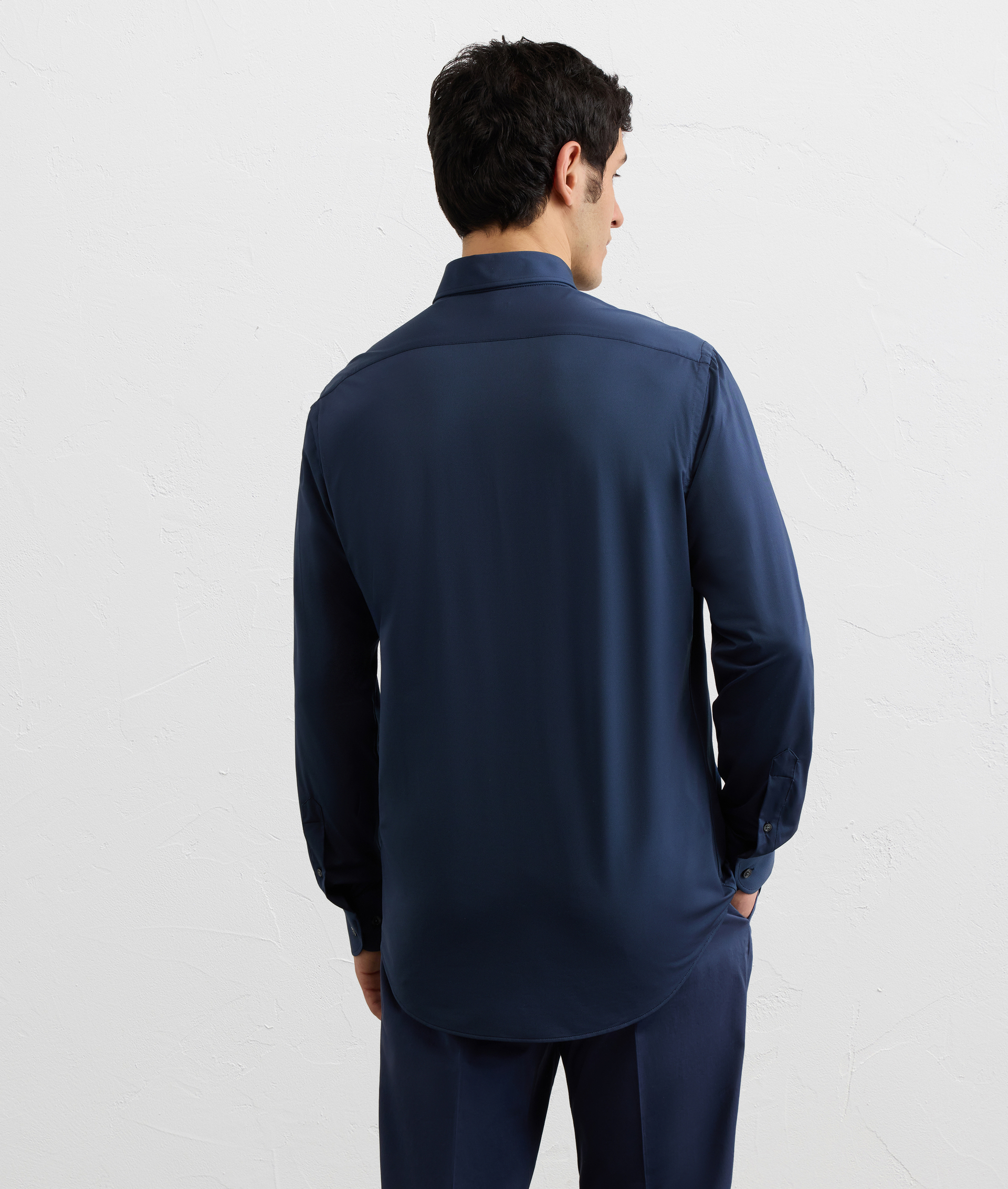 NAVY BLUE POLYAMIDE AND ELASTANE SHIRT WITH SMALL TORINO COLLAR AND STANDARD CUFF