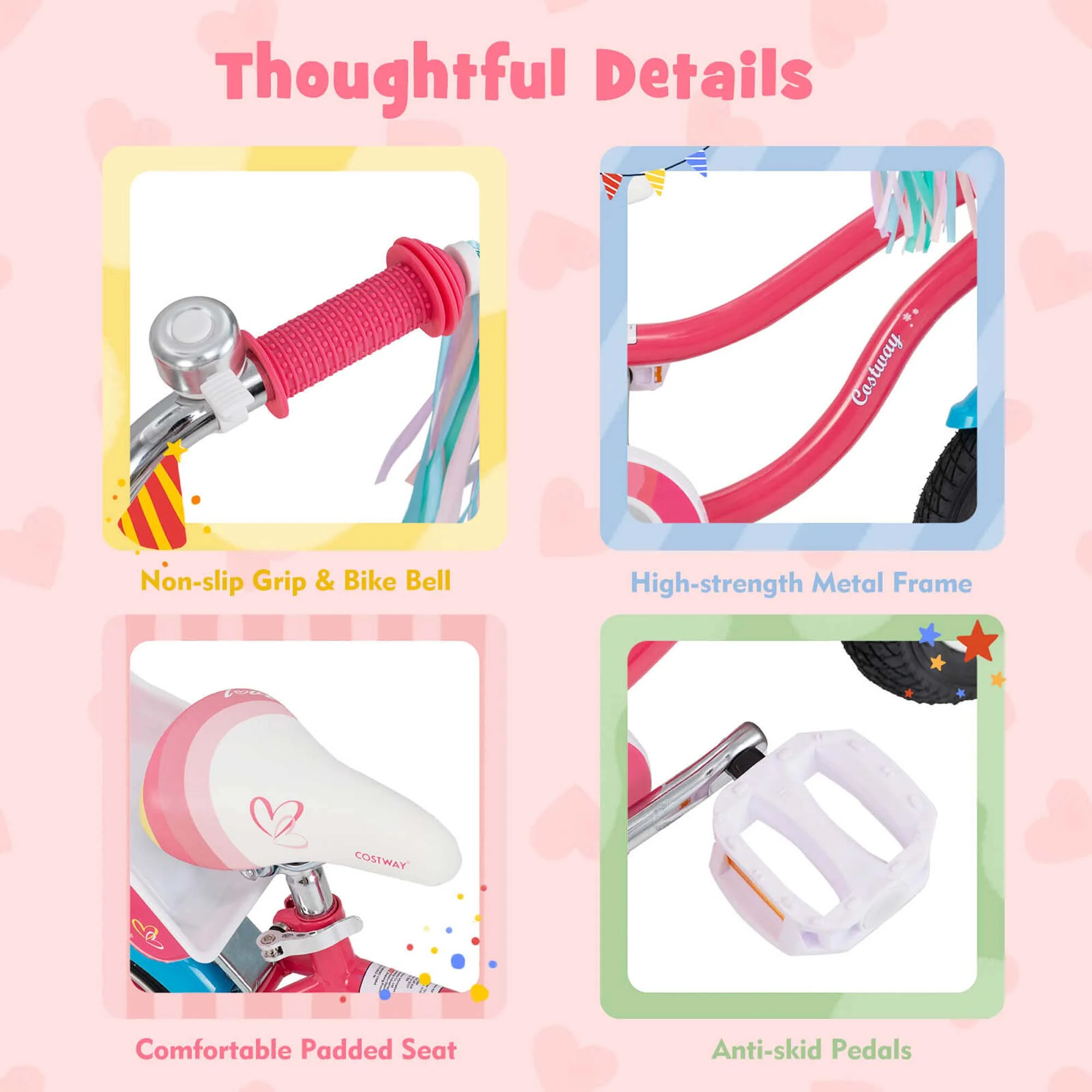 14 Inch Kids Bike with Basket Doll Seat Colorful Streamers 2 Training Wheels Pink(Pink/14") - Image 4