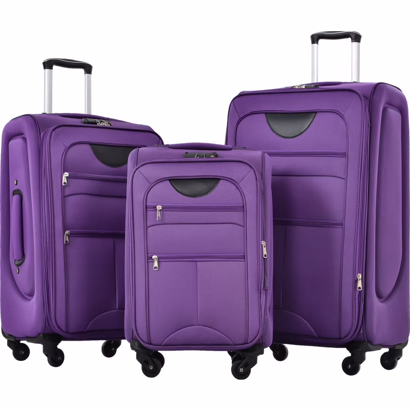 Softside Luggage Expandable 3 Piece Set Suitcase Upright Spinner Softshell Lightweight Luggage Travel Set(Purple + Polyester)