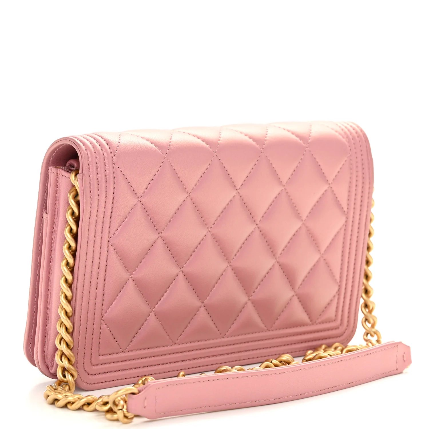 Metallic Lambskin Quilted Boy Wallet On Chain WOC Pink