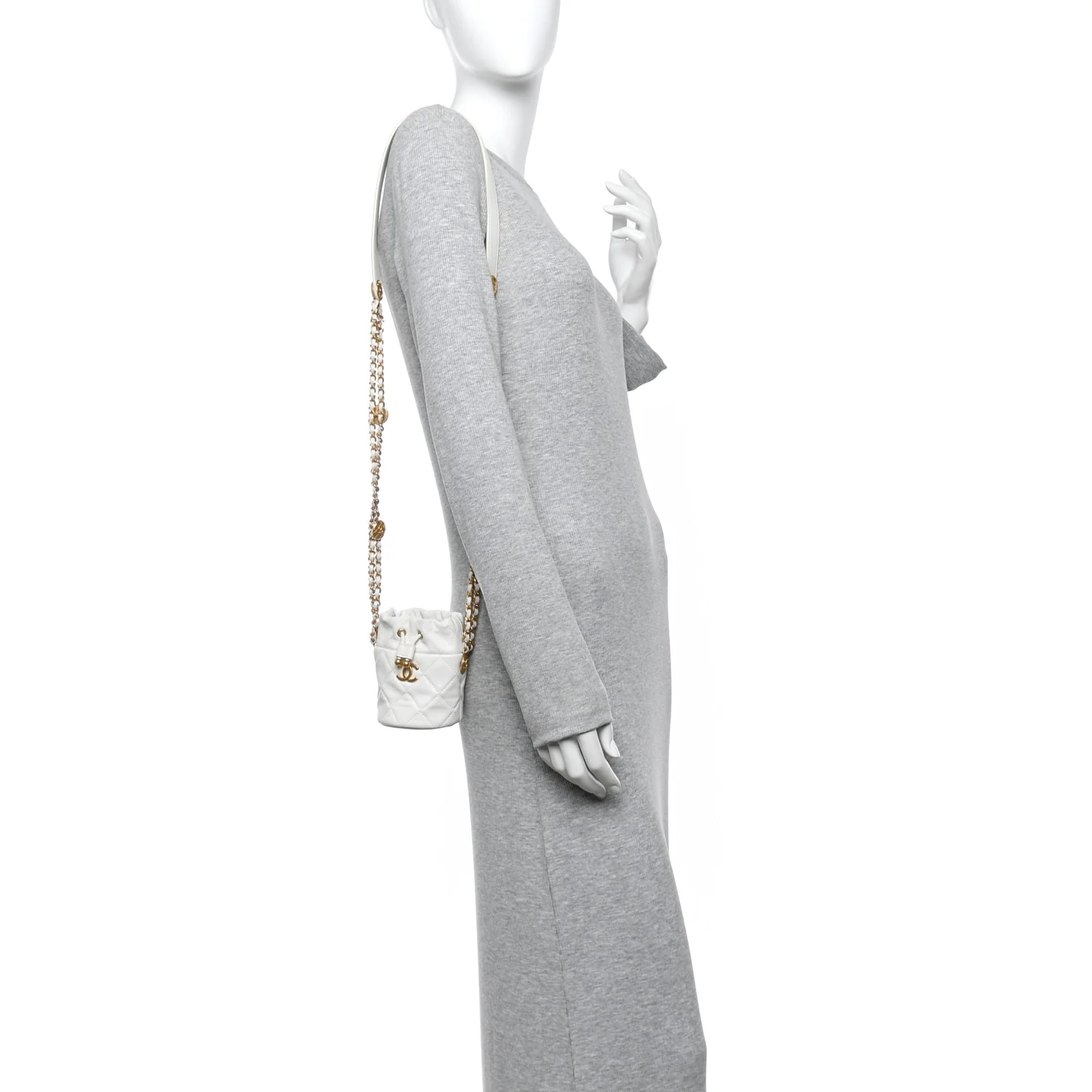 Caviar Quilted Twist Your Buttons Mini Bucket Bag White