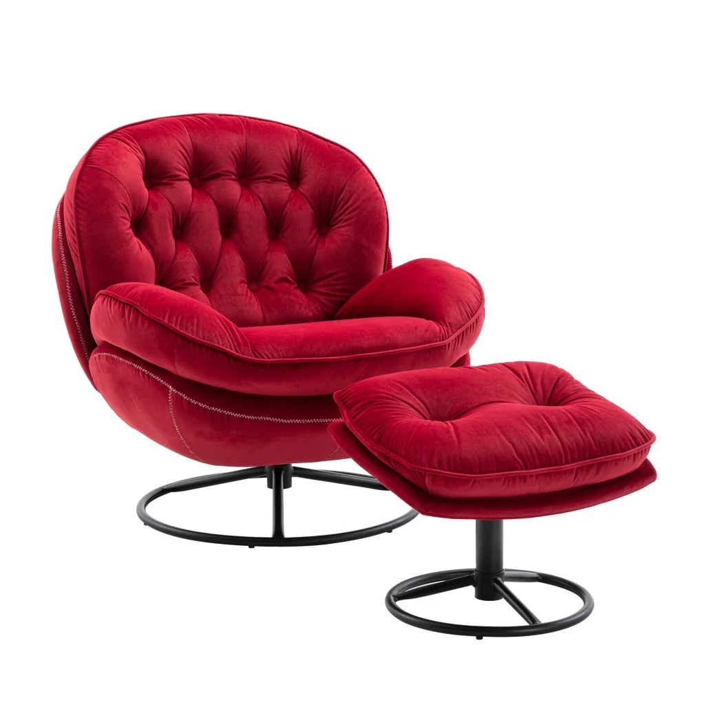 Swivel Accent Chair with Ottoman, Velvet Single Sofa Reading Chair with Metal Frame, Modern Tufted Armchair Comfy Lounge Chairs with Footrest for Living Room, Bedroom, Office, Red(Red) - Image 6