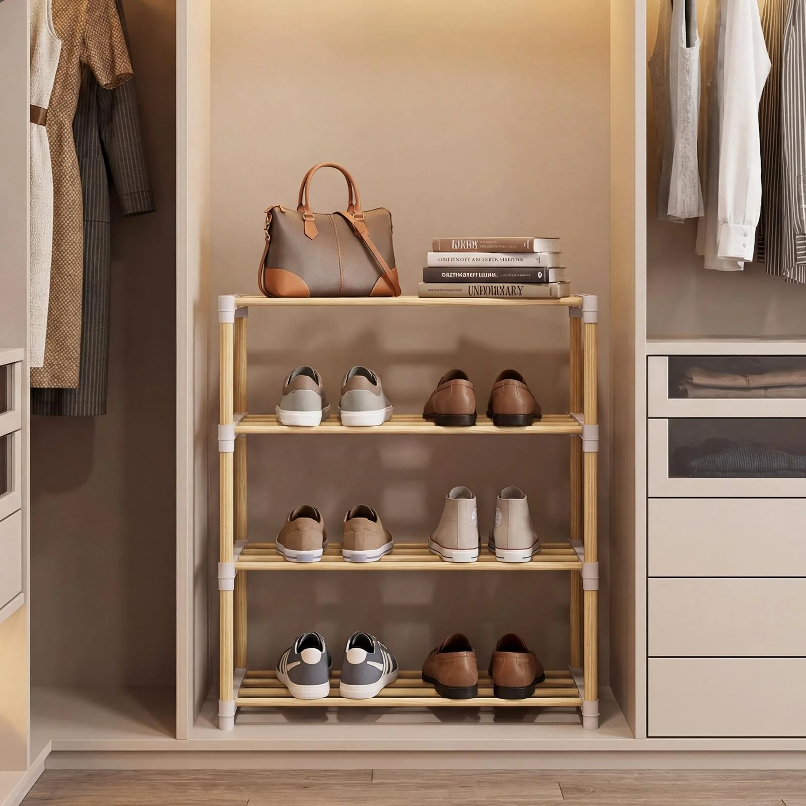 Tangkula 4-Tier Freestanding Shoe Stand with Slatted Open Shelves