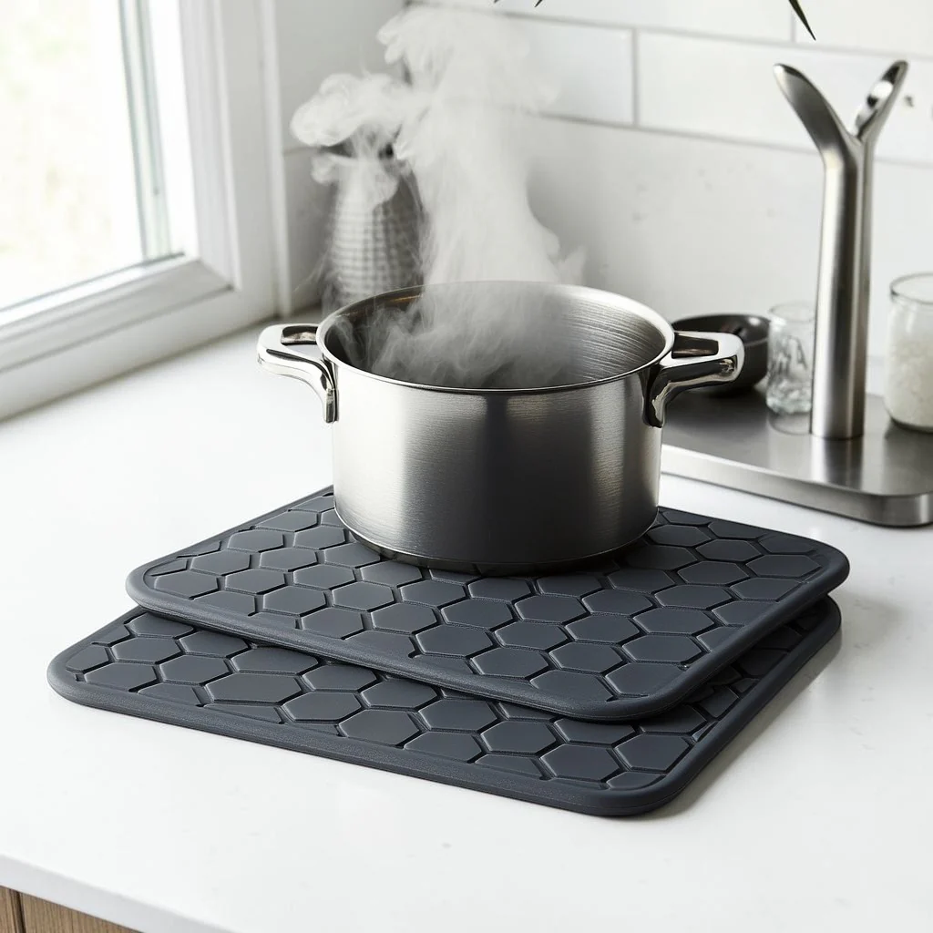 Zaldy Silicone Trivet Mats Set of 4 - Extra Thick Honeycomb Design - Heat Resistant up to 480F - Non-Slip Pot Holders & Jar Opener - Charcoal Grey