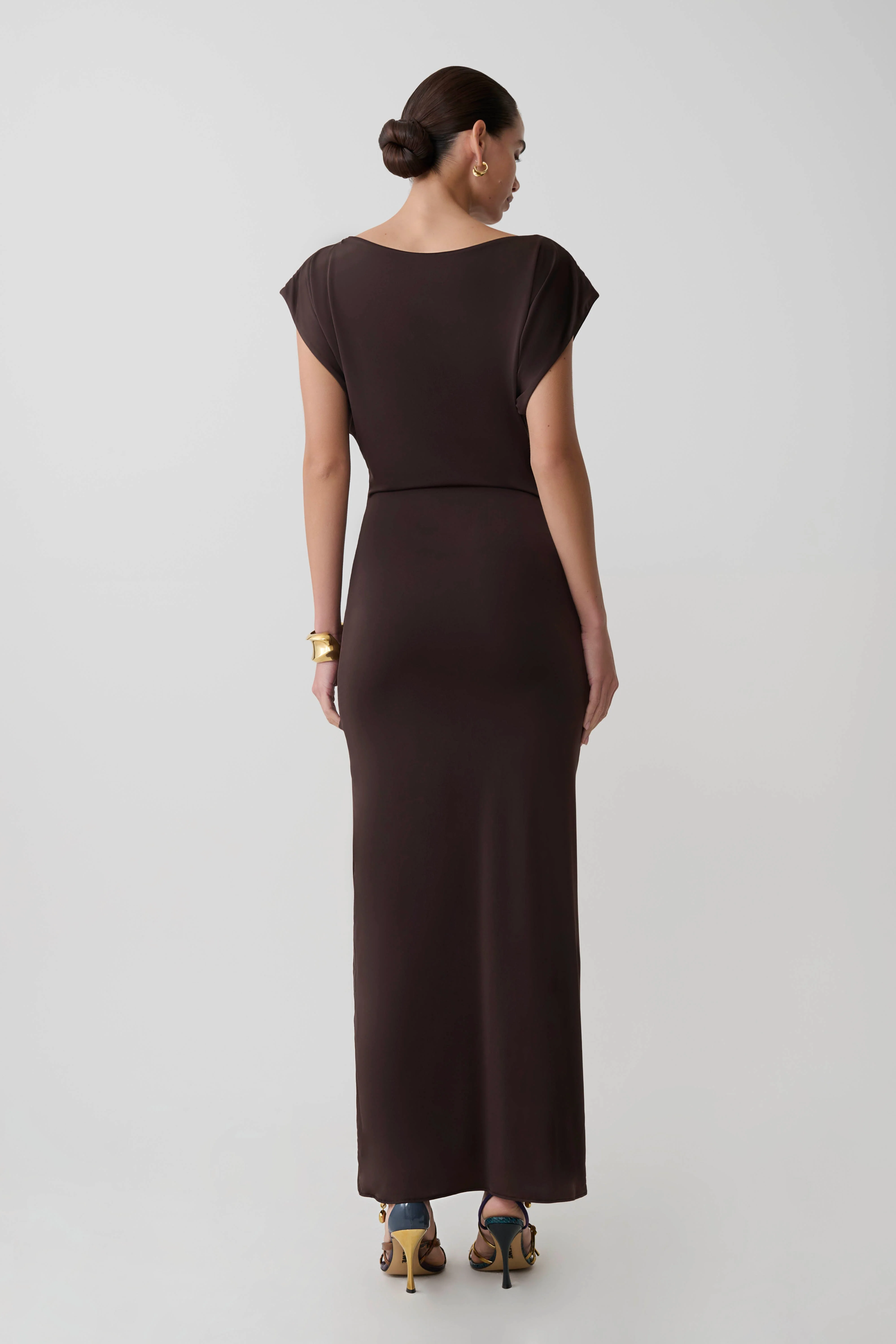 Maiara Shortsleeve Slinky Tie Maxi Dress - Chocolate