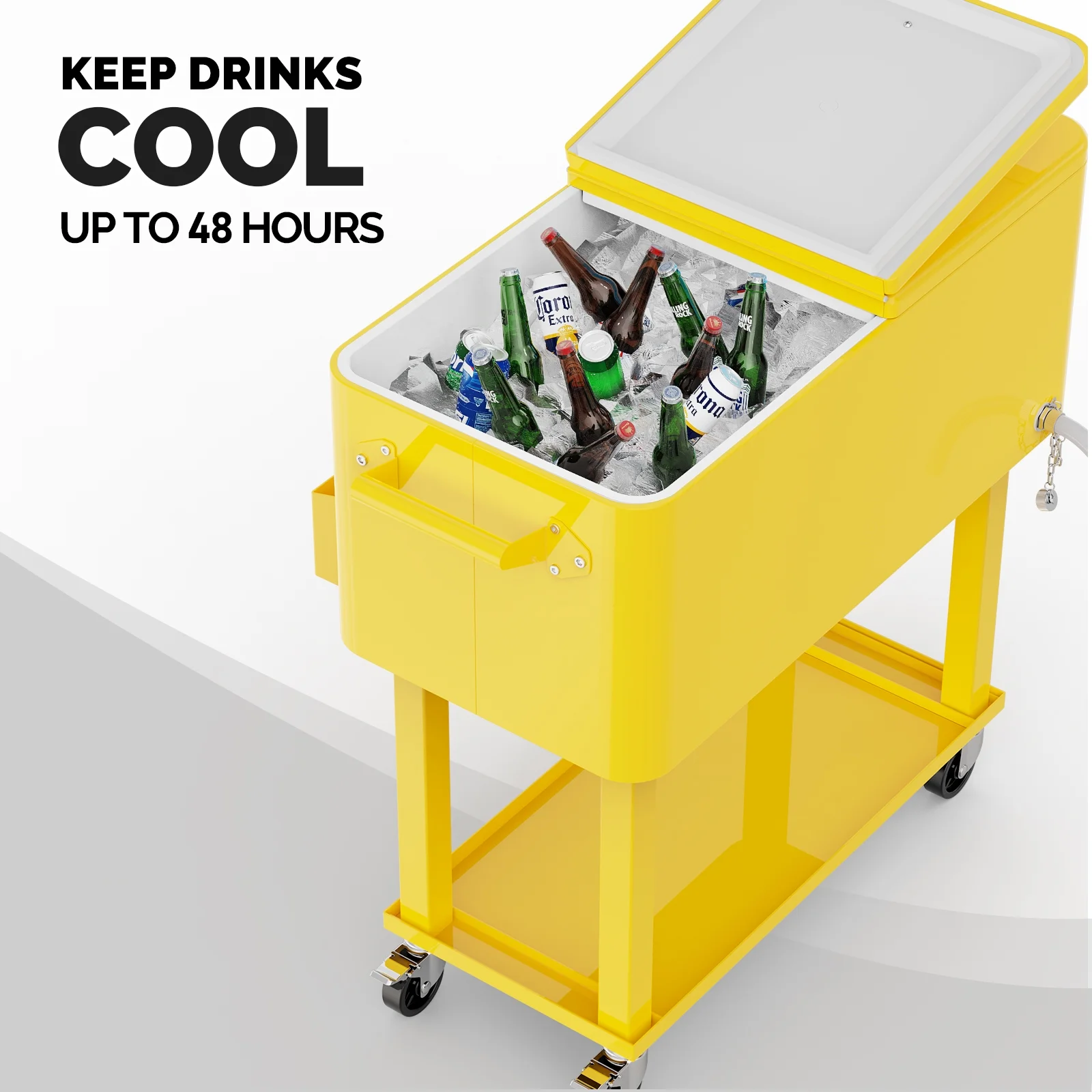80 Qt Rolling Ice Chest Cooler Cart Outdoor Trolley with Storage Shelf, Bottle Opener Cap Collector for 48 Hour Cold Drinks,Lemon Yellow(Lemon Yellow) - Image 8