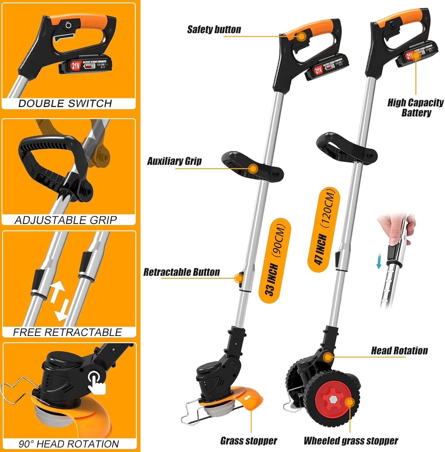 Cordless Electric Trimmer, 21V Grass Edger with Wheels, 3-in-1 Metal/Saw/Plastic Blade, Adjustable Height Noise Reduction, Includes Deluxe Accessories - Image 6