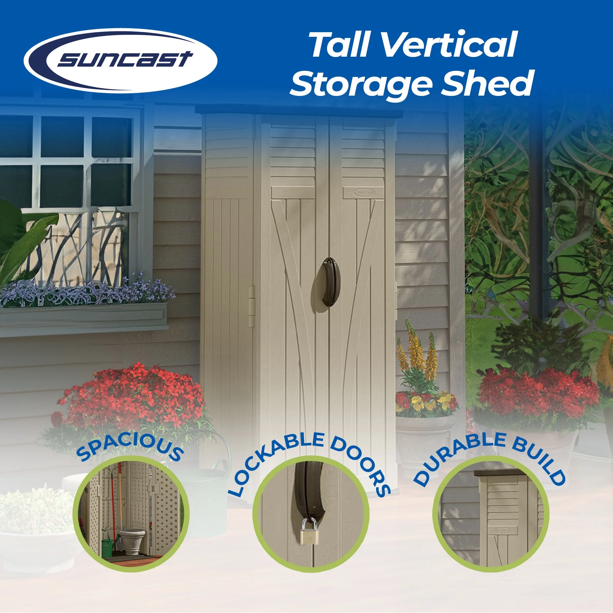 Suncast 22 Cubic Feet All - Weather Vertical Tall Outdoor Storage Shed, Brown