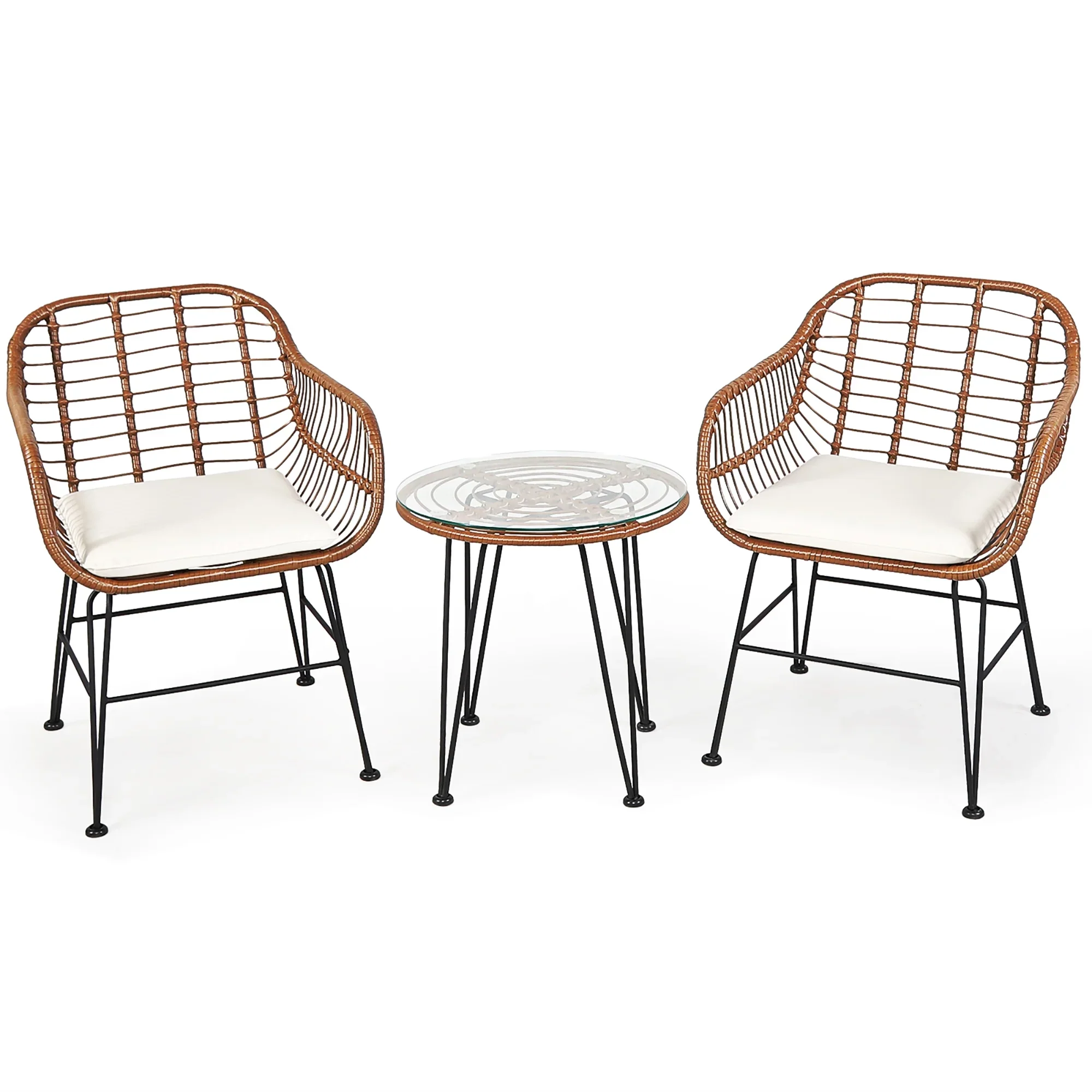 Costway 3PCS Patio Rattan Bistro Set Coffee Table Armchair Garden Red Cushion