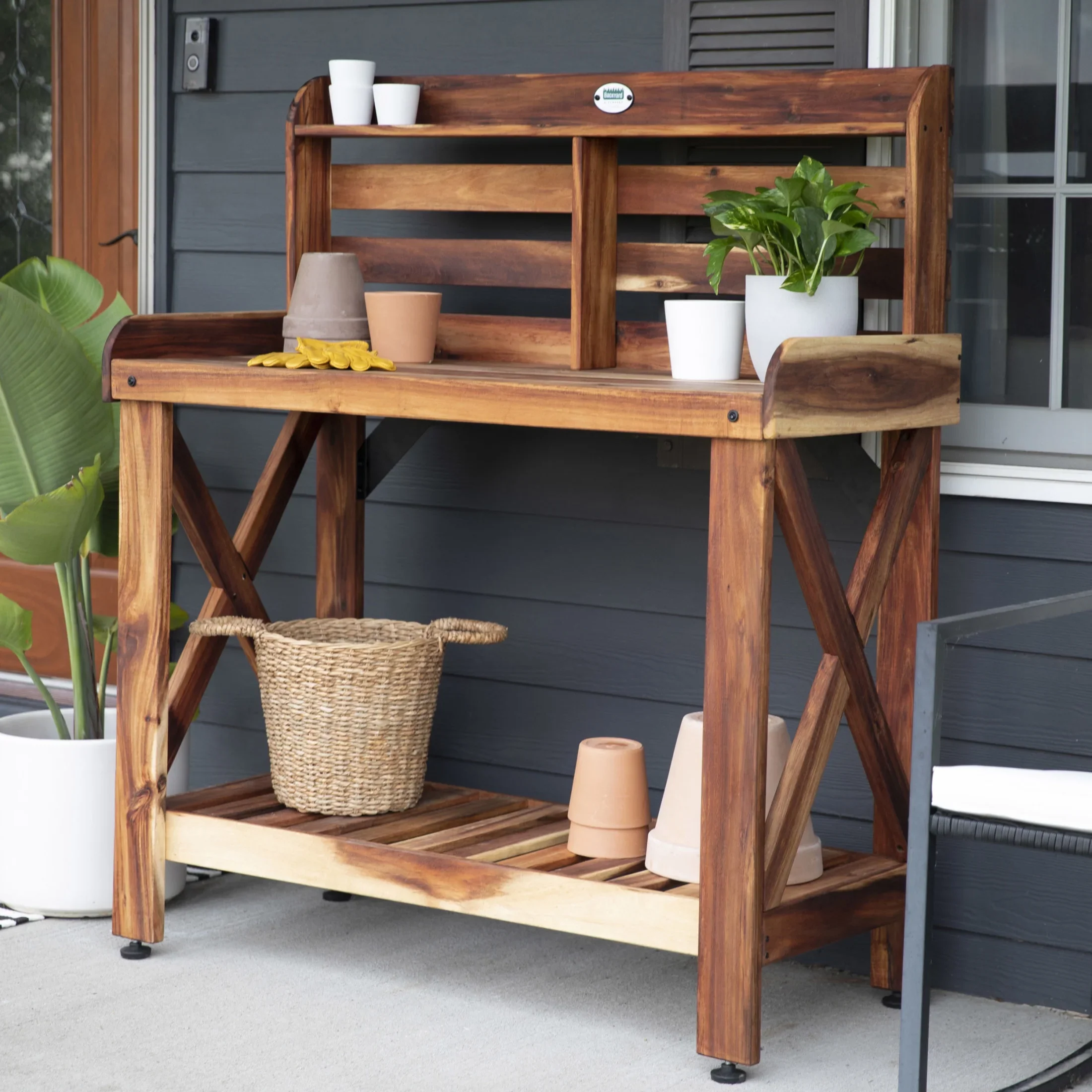 Backyard Discovery 47 Acacia Wood Garden Potting Bench & Serving Bar, Storage Shelf