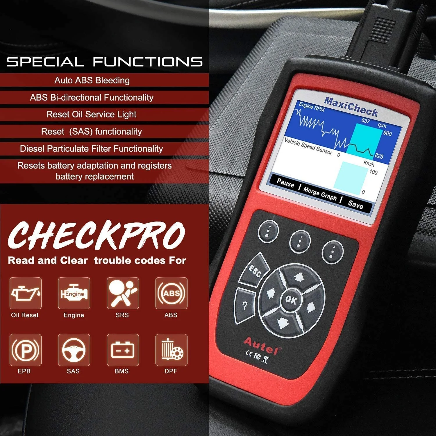 Autel Scanner Maxicheck Pro OBD2 Automotive Diagnostic Scan Tool with Airbag, EPB, SAS, BMS, Oil Reset, ABS Brake Bleeding Services