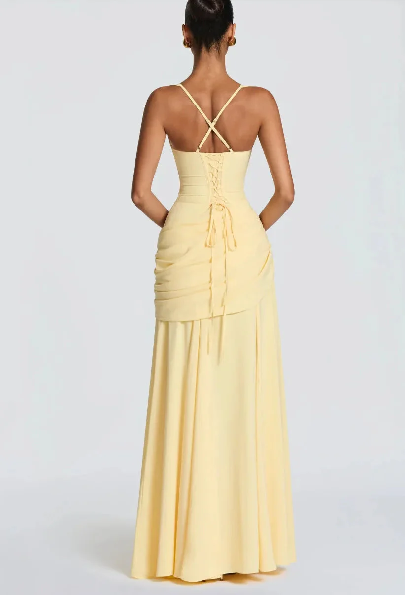 Robe Maxi Jaune Drapée Froncée pour Femme