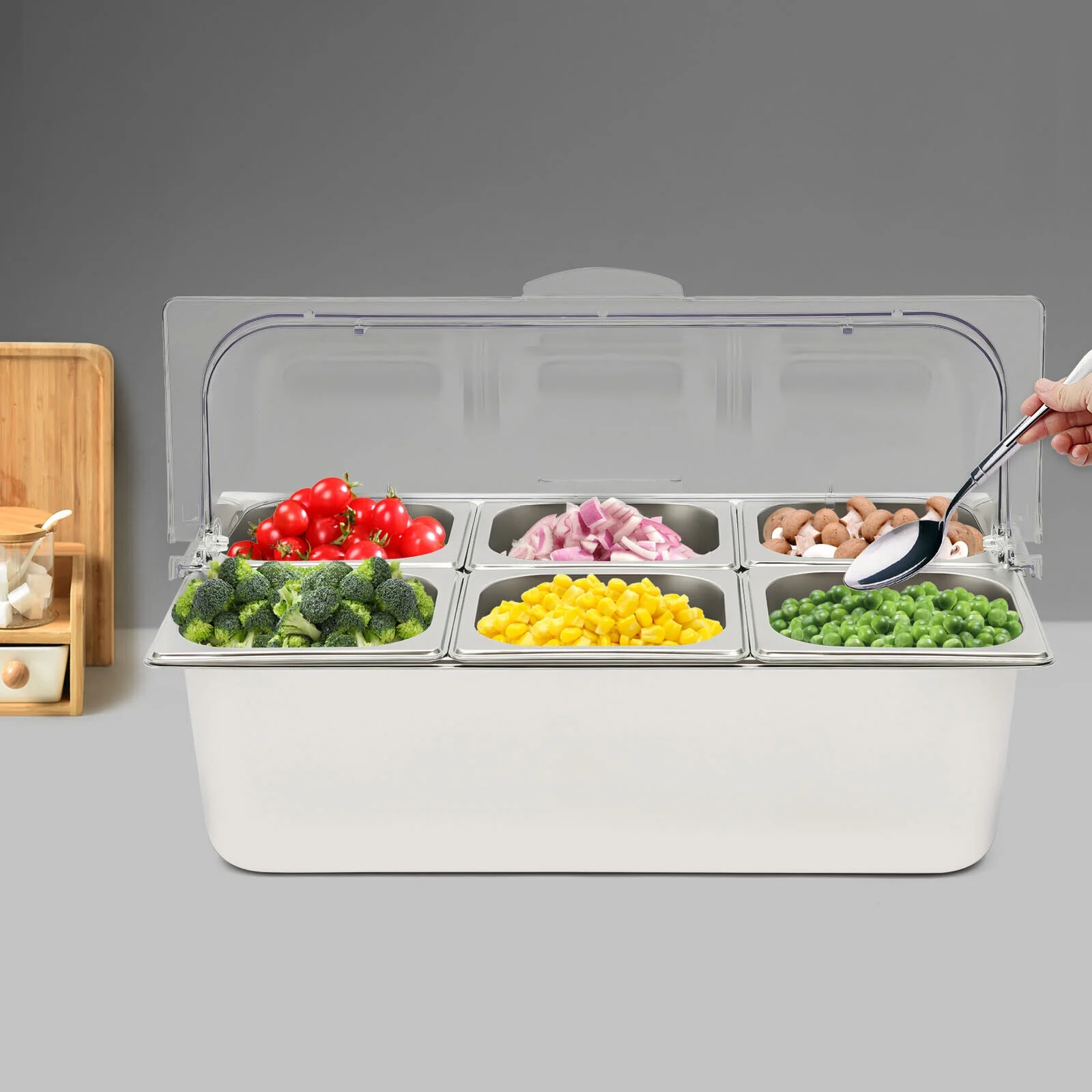 Stainless Steel Ice Food Serving Display Tray with 6 Pans a?? Hot Cold Buffet Chiller Server, PC Roll Cover, Dual-Sided Access, 3.59qt Each Pan, for Catering Party Use - Image 3