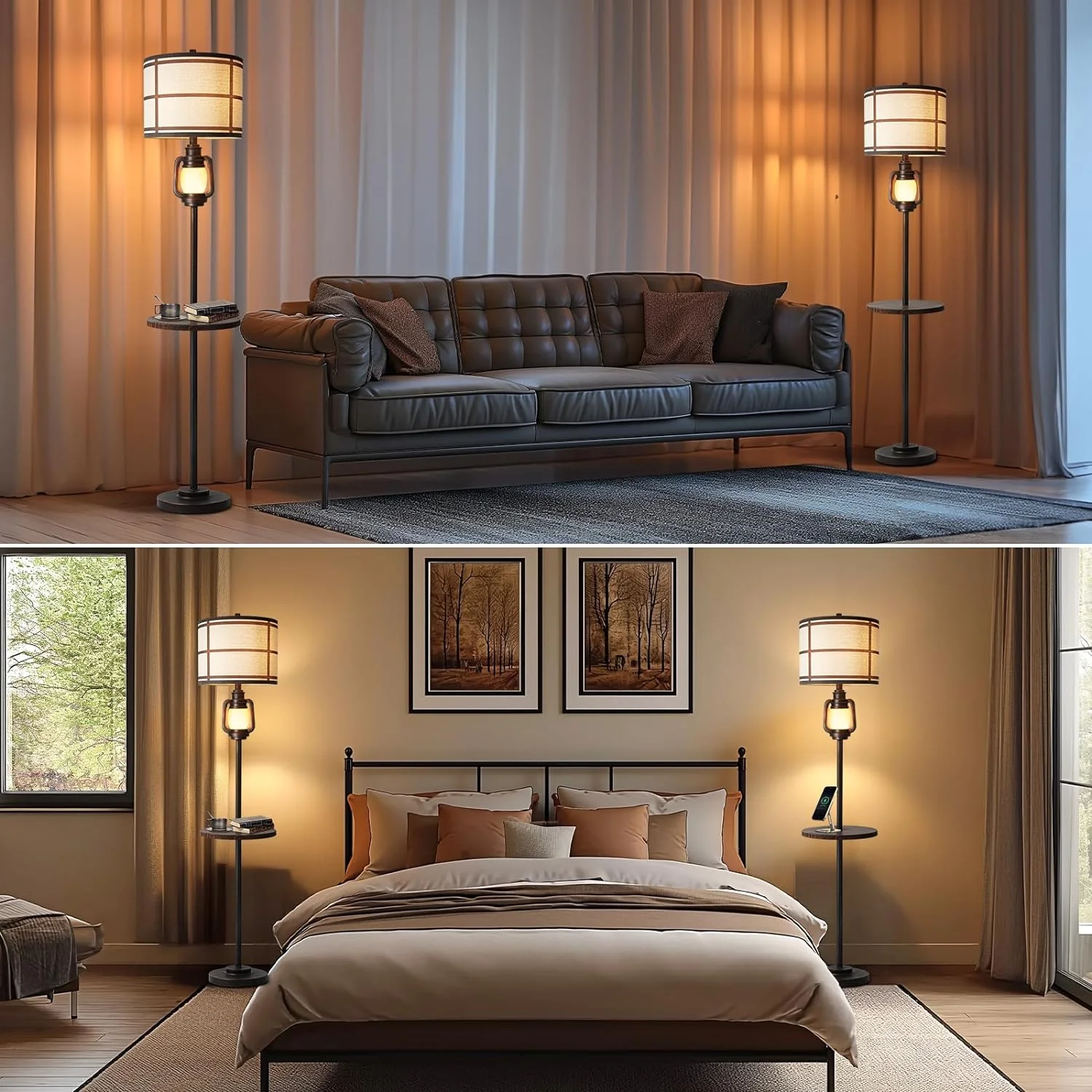 Farmhouse Metal Tray Floor Lamp For Living Room With Nightlight Vintage Tall Lamp With Linen Fabric Shade Industrial Standing Lamp For Bedroom Office Home House Study (Bulb Included)(Bronze-With Tray) - Image 7