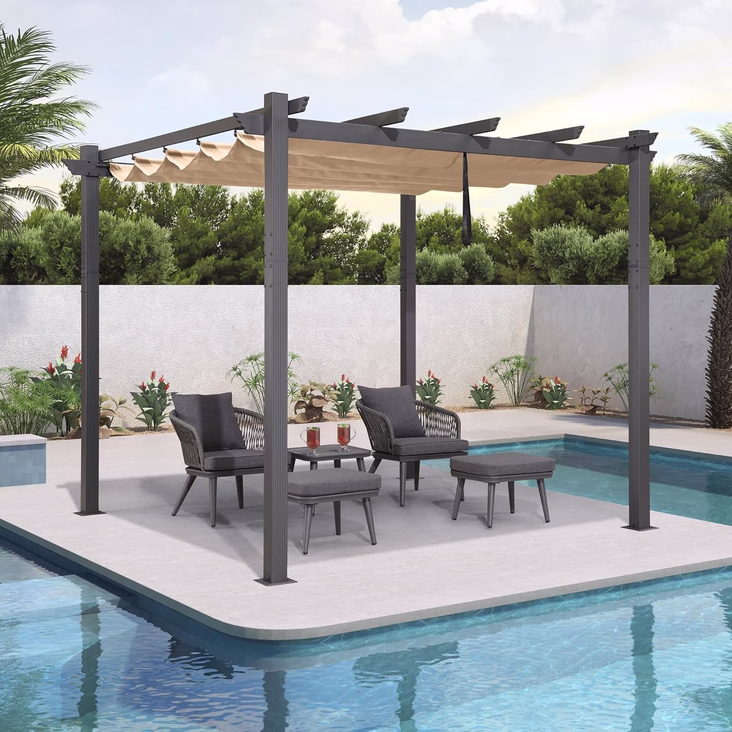 EastVita 10x10 Ft Aluminum Pergola,Outdoor Pergola with Adjustable Canopy,Reinforced Frame Metal Pergola for Backyard,Garden and Deck - Khaki