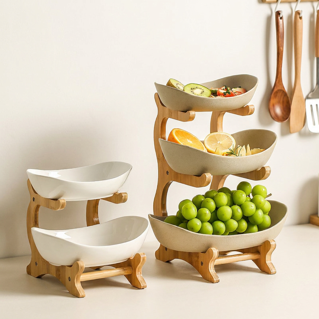 3-Tier Bamboo Kitchen Living Room Storage Rack Multi-Functional Fruit Snack Organizer Carved Detachable