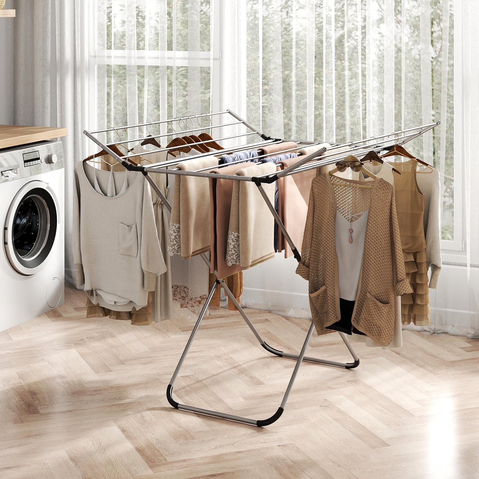 Tangkula Folding Aluminum Clothes Drying Rack with 2 Side Wings