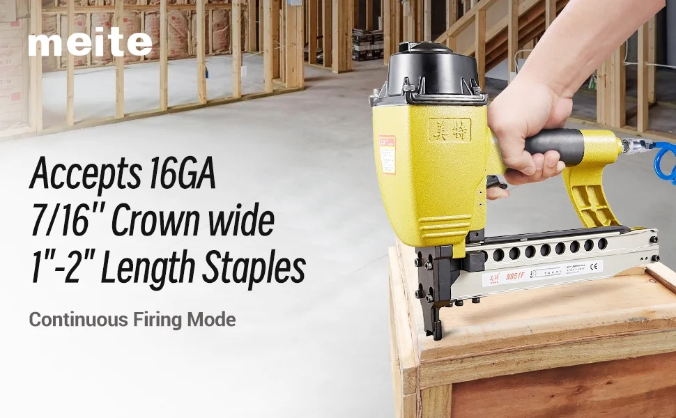 meite N851F Pneumatic Staple Gun 16 Gauge 7/16 Crown Sequential Nailing, Uses 16 GA 7/16-Inch Staples (1-Inch to 2-Inch)