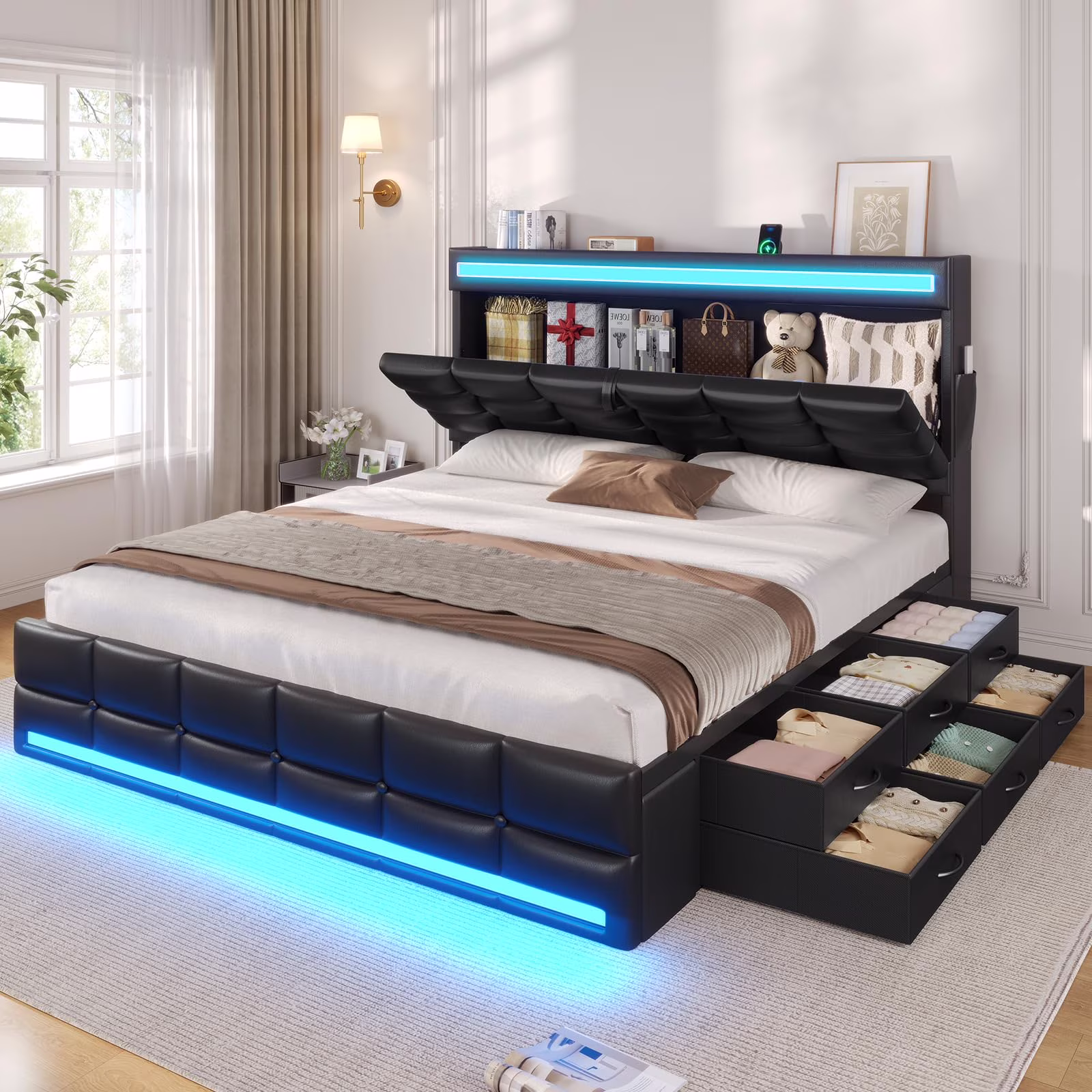 Queen Size Bed Frame with LED Lights Headboard and 12 Storage Drawers, Bookcase, Upholstered Platform Bed Queen with Charging Station, No Box Spring Needed, Type - C and USB, Noise - Free, Black