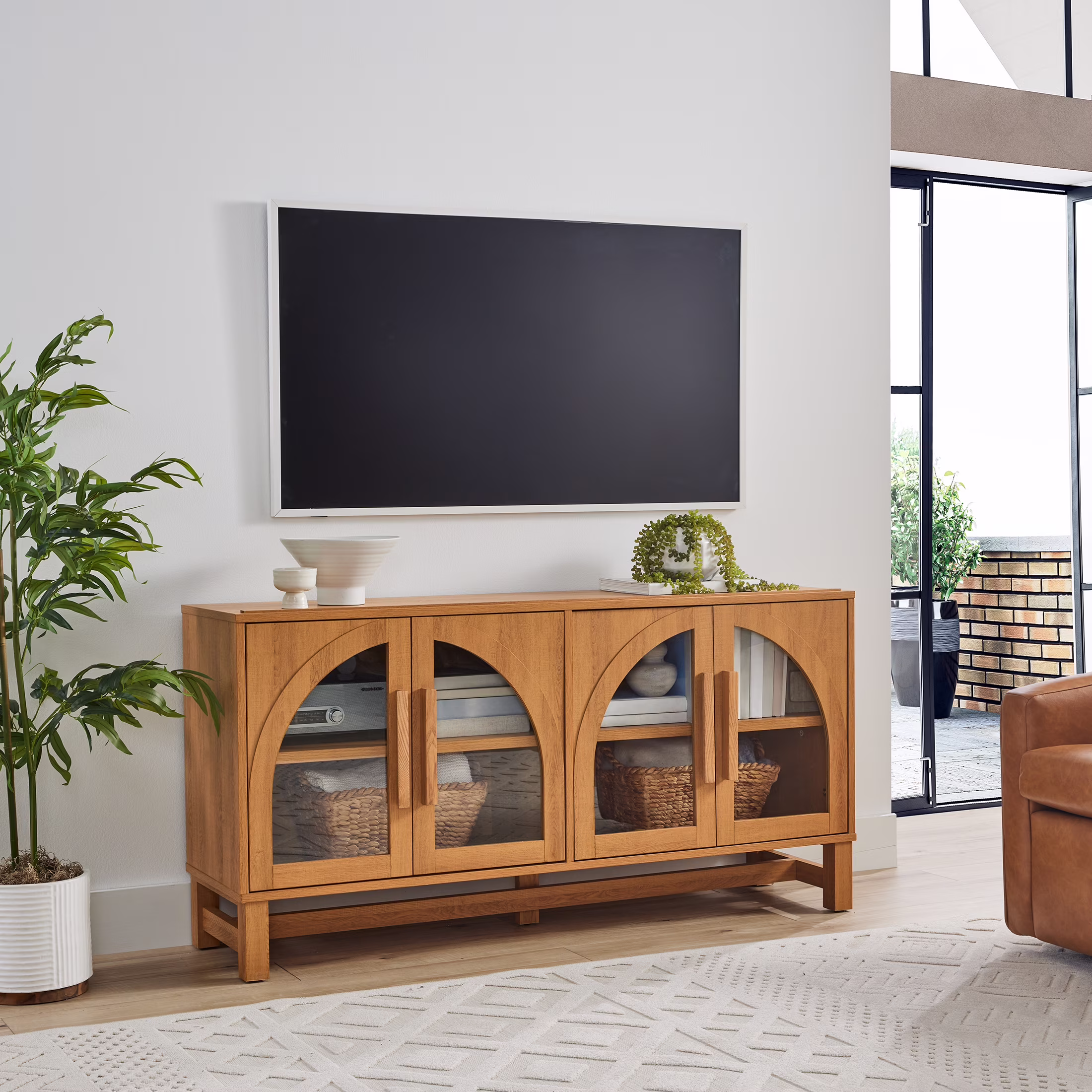 Better Homes & Gardens Juliet Arc TV Stand for TVs up to 65,  Light Honey Finish