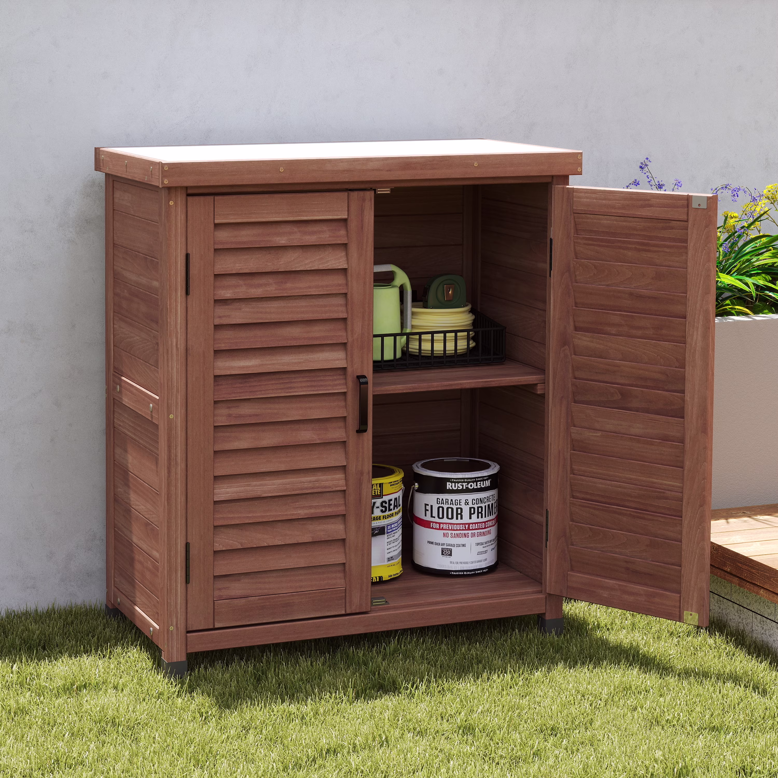 Funnil Outdoor Wooden Storage Cabinet & Potting Bench Table, Weather-Resistant Wooden Patio Furniture, Garden Workstation