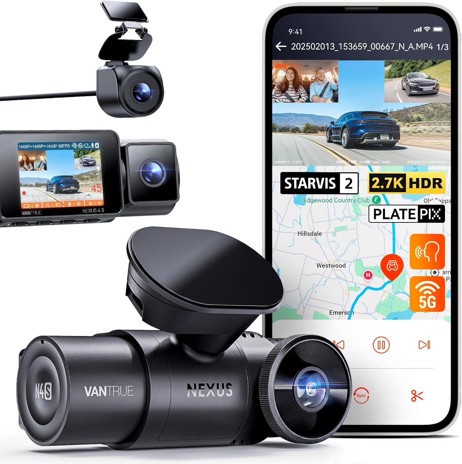 Vantrue N4S 3 Channel Front Inside Rear Dash Cam  2.7K+1440P+1440P WiFi Dash Camera w/PlatePix™  STARVIS 2 x HDR x IR Night Vision  Voice Control  GPS  24/7 Parking Mode  Support 1TB Max