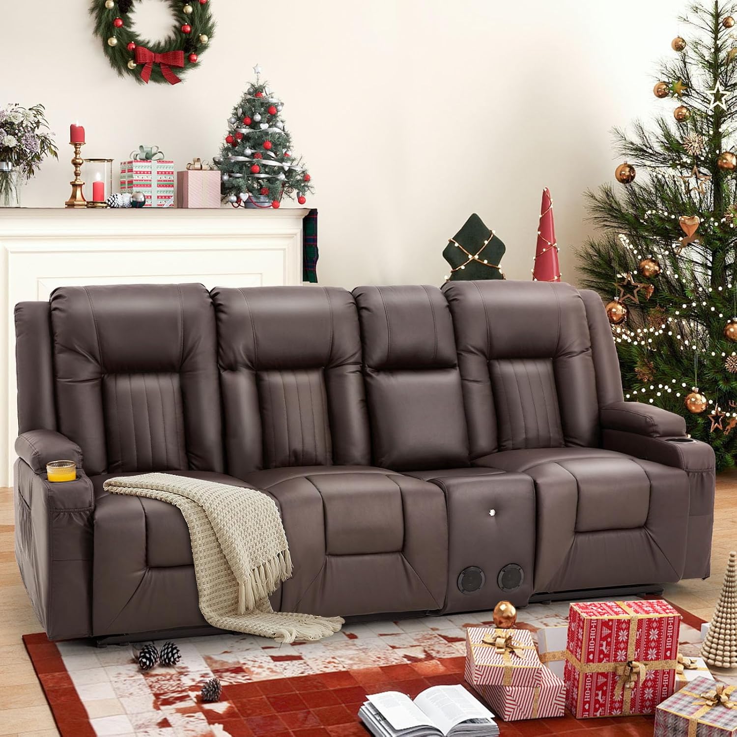 AECOJOY 3 Seater Recliner Sofa with Console&Bluetooth Speakers, Manual RV Sofa Couch, Brown