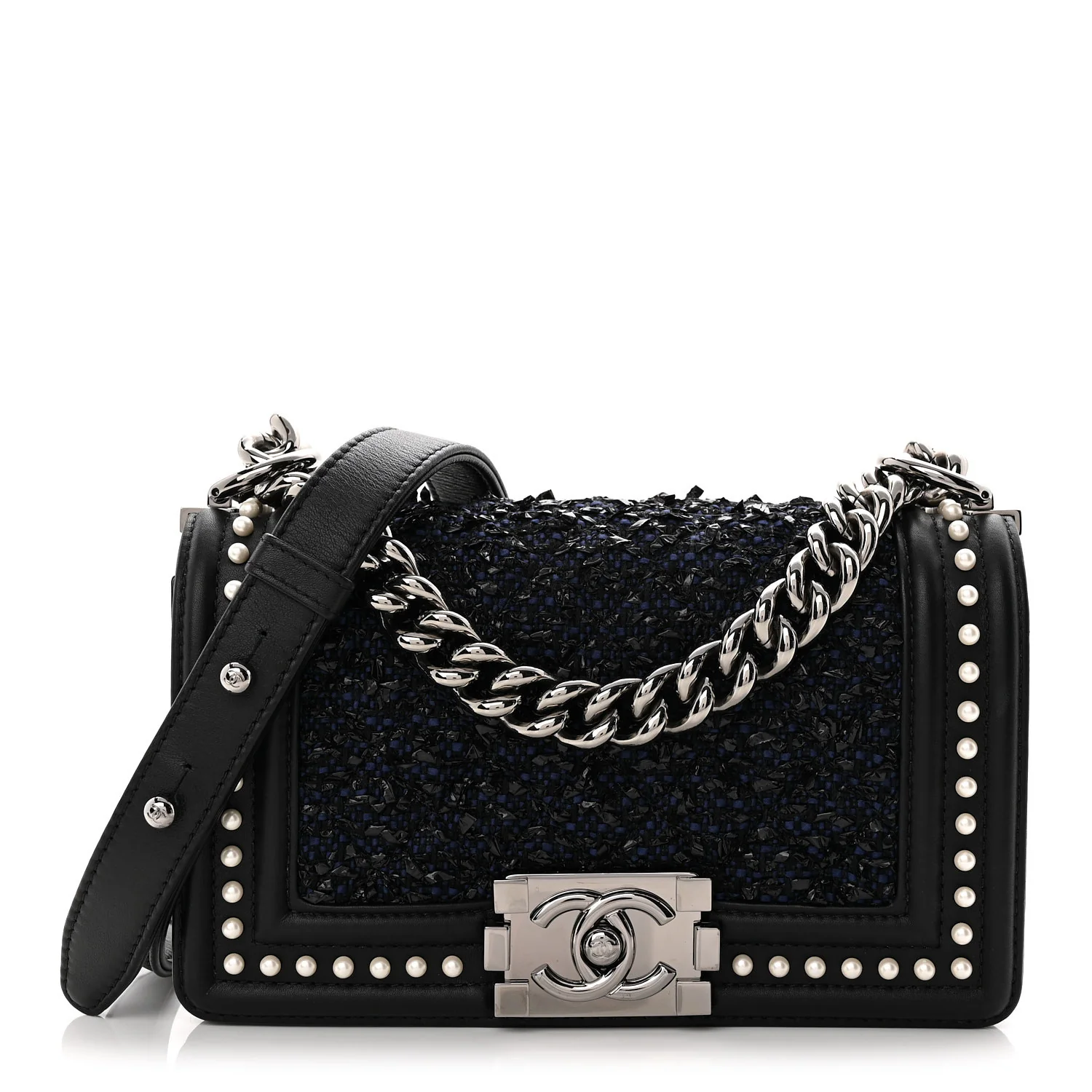 Calfskin Pearl Tweed Small Boy Flap Black