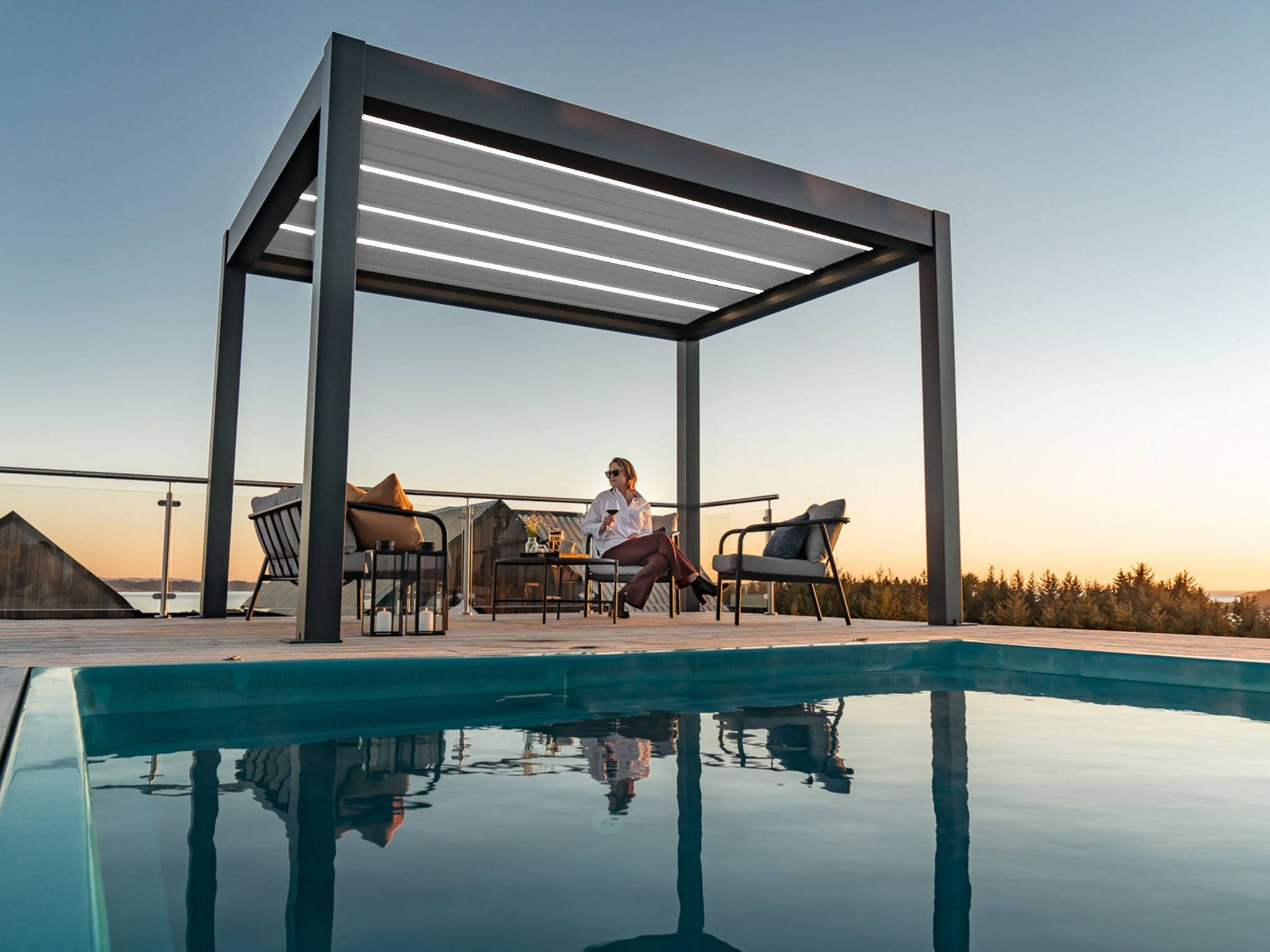 PERGOLUX Metal Pergola 'Skydance' | 13' x 19', Aluminium, Electric Adjustable Louvered Roof, Modern Scandinavian Design, Anthracite