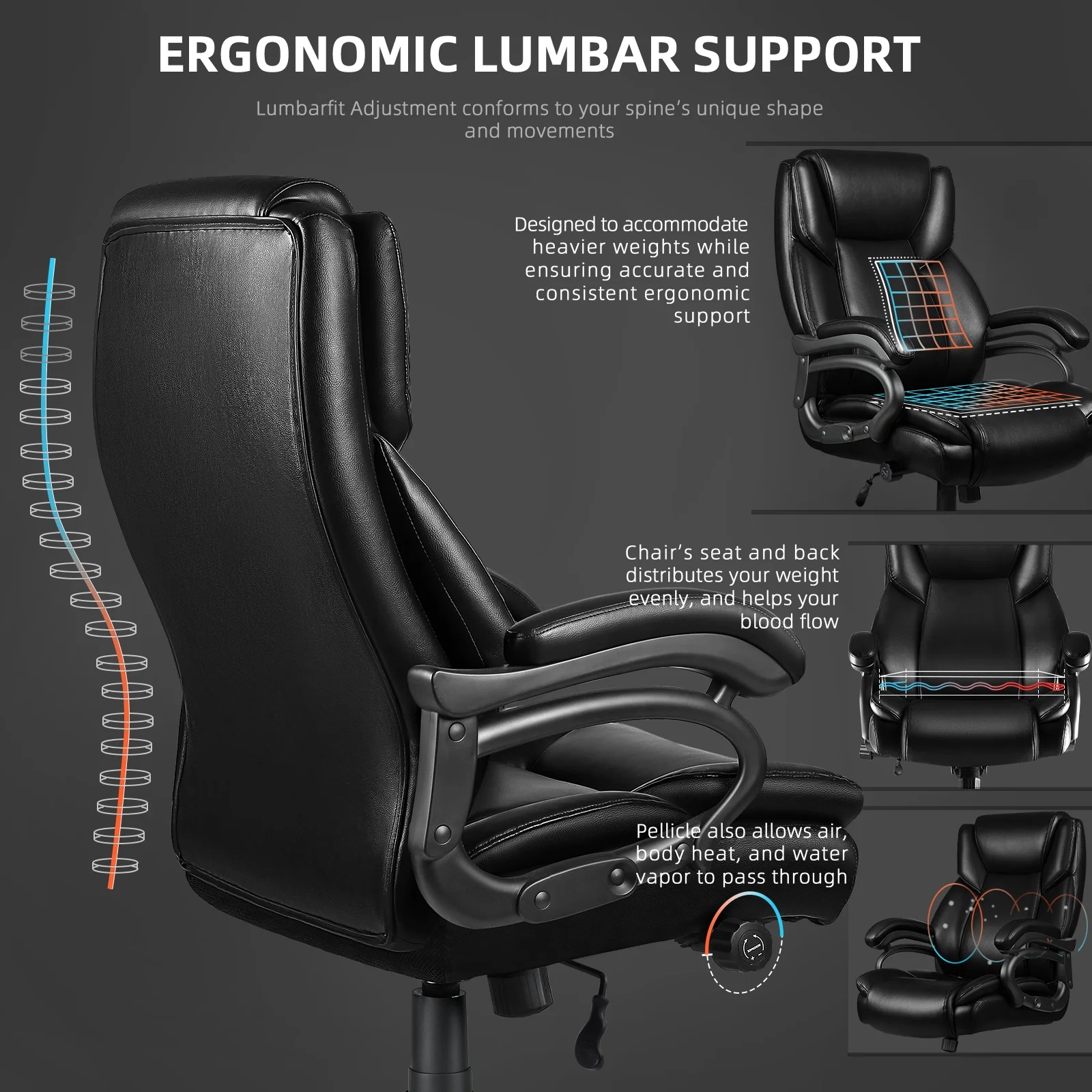 Heavy Duty Big and Tall Office Chair 500lbs with Adjustable Lumbar Support,High Back Office Chair for Adults(Black) - Image 10