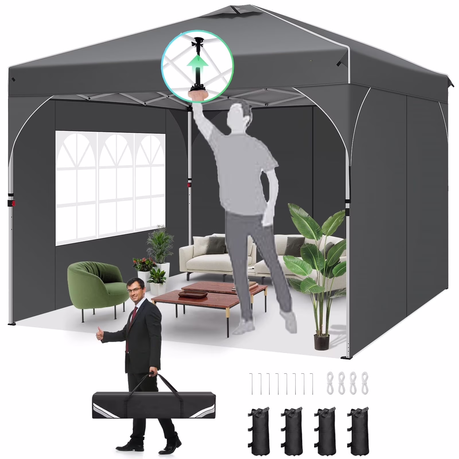 10' x 10' Straight Leg Pop-up Canopy Tent Easy Two Person Setup Instant Outdoor Canopy Folding Shelter with 4 Removable Sidewalls, Air Vent on The Top, 4 Sandbags, Carrying Bag, Black(10 x 10 FT (Style 1)/Black) - Image 5