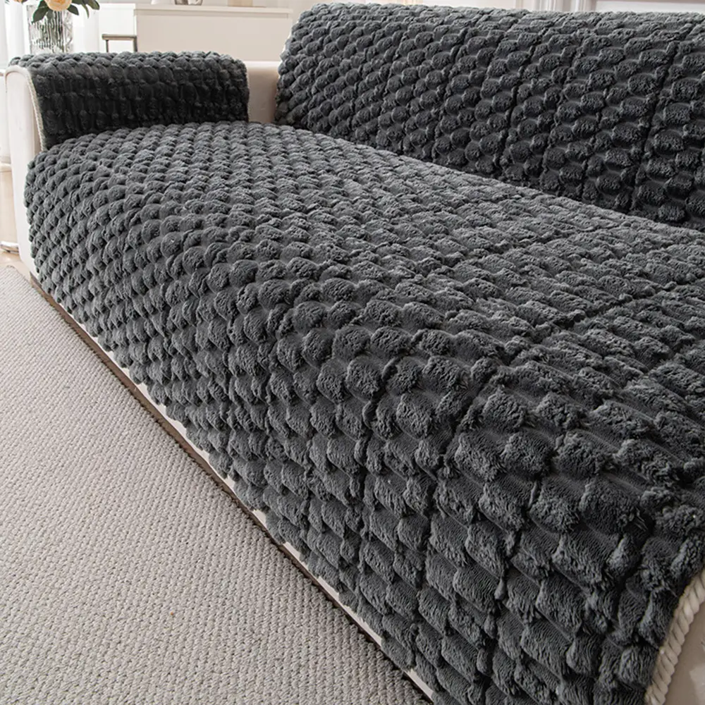 Fuzzy Bubble Plush One-Piece Pet-Friendly Sofa Protection Non-Slip Couch Cover