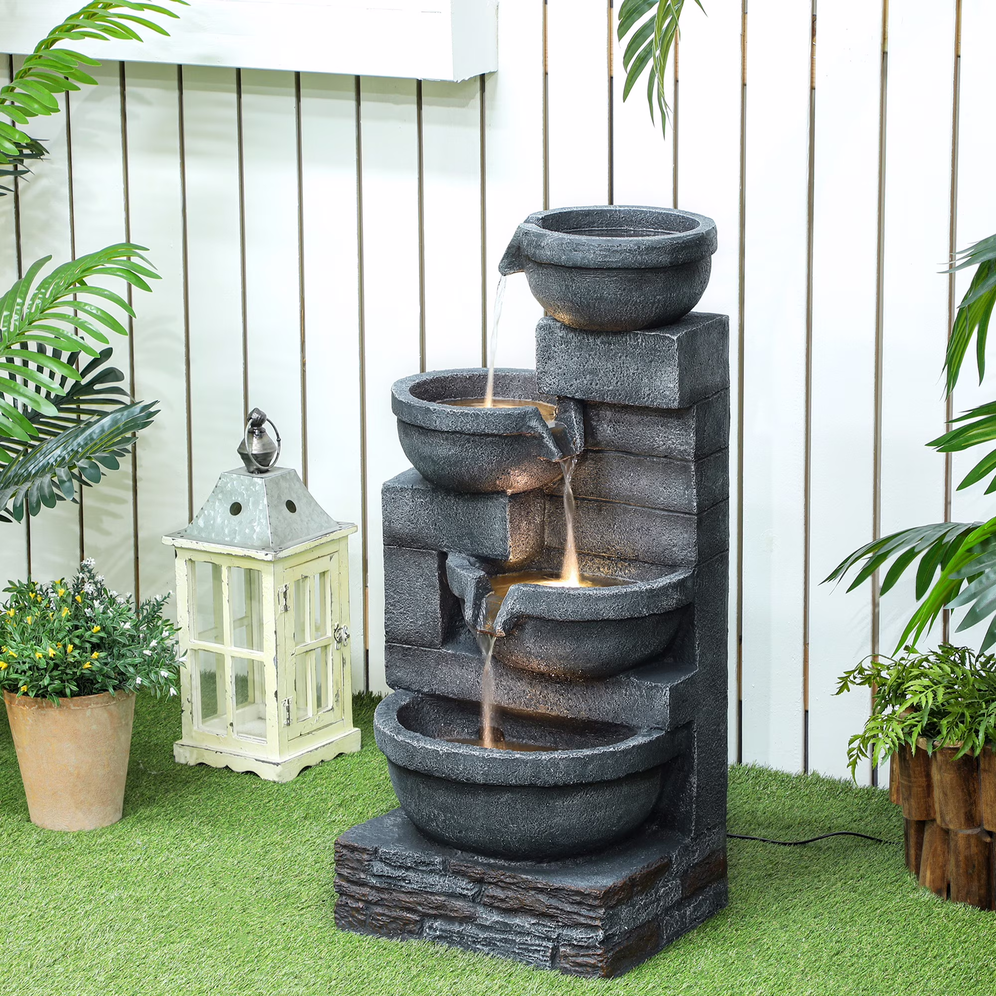 Outsunny 30 Outdoor Fountain with Lights, 4-Tier Resin Cascading Water Bowls Garden Fountain with Pump, Gray