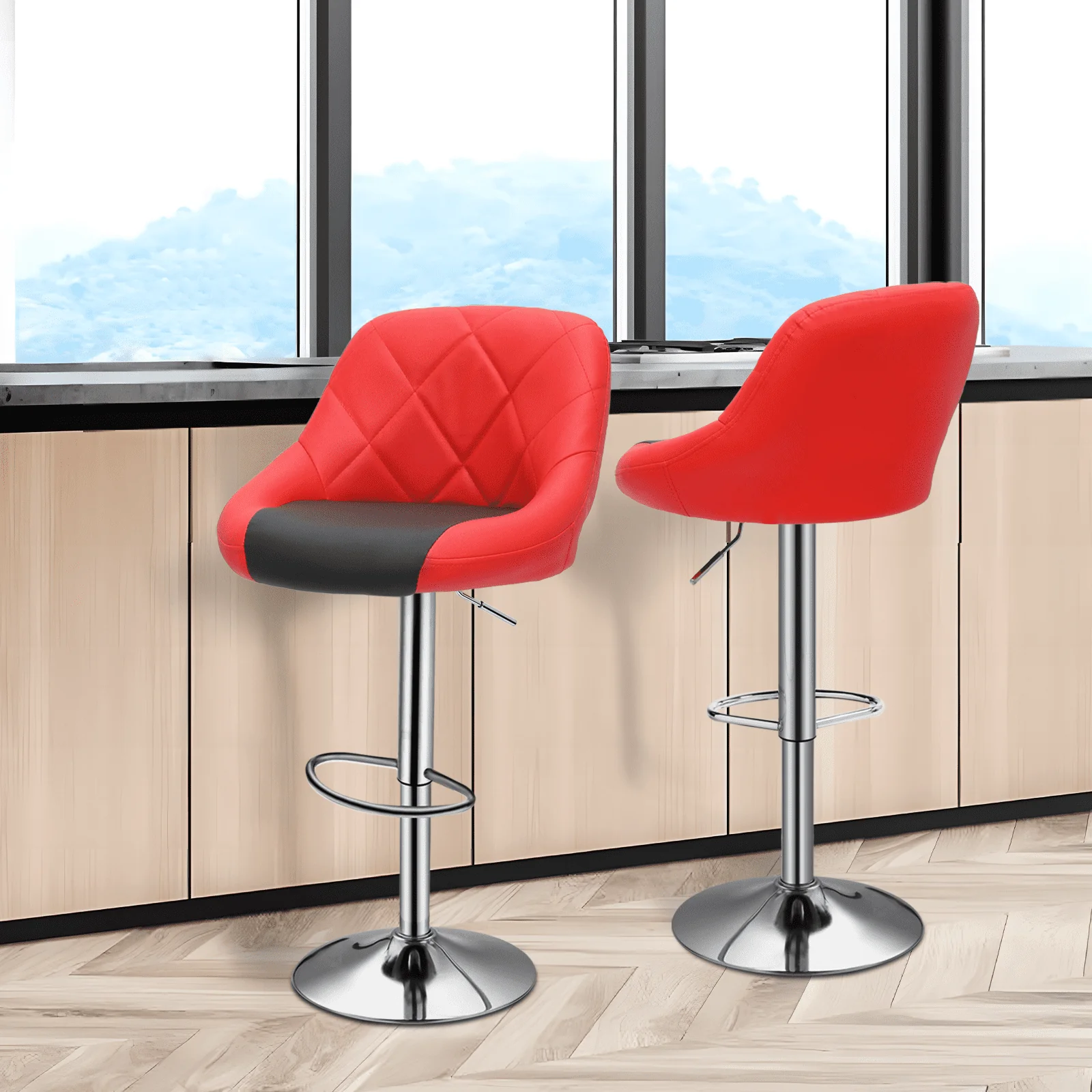 Set of 4 Modern Swivel Bar Stools for Kitchen Counter Faux Leather Height Adjustable Barstools Chairs, Red/Black(Black) - Image 7
