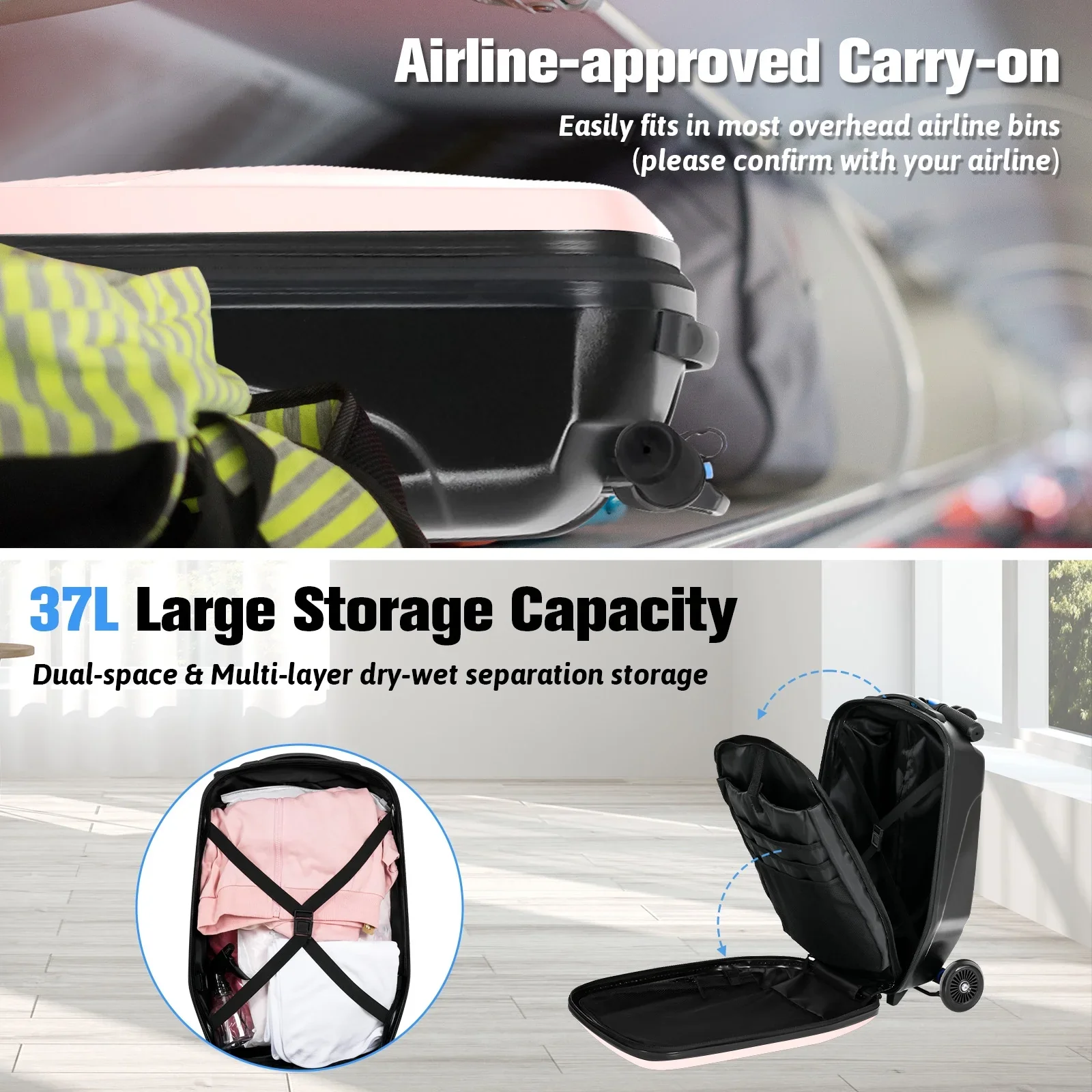 Advwin Scooter Luggage for Kids & Adults, Hardside Ride on Suitcase for Kids Ages 4-15 Multifunctional Lightweight Foldable Carry on Luggage with Wheels Ride on for Children Teenagers, Pink