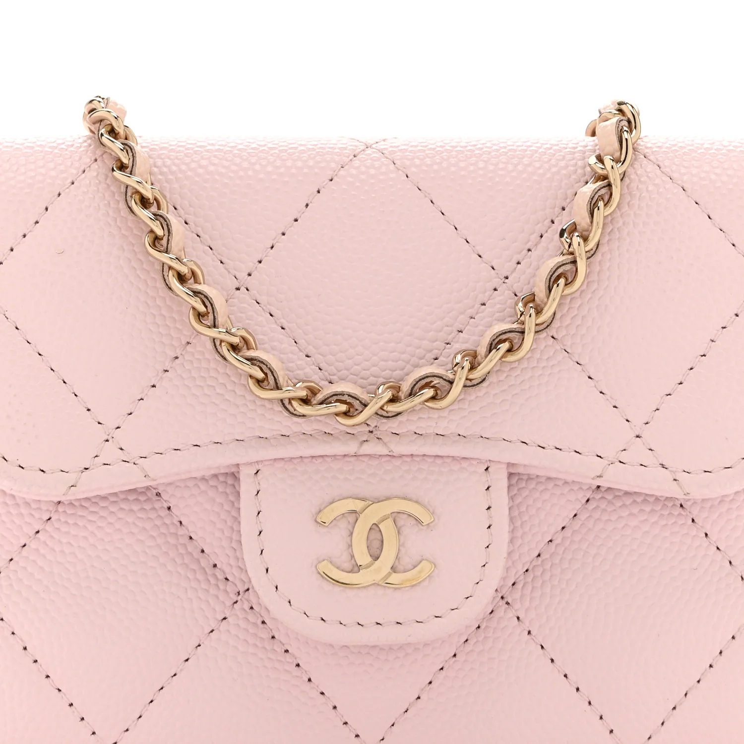 Caviar Quilted Flap Card Holder On Chain Pink