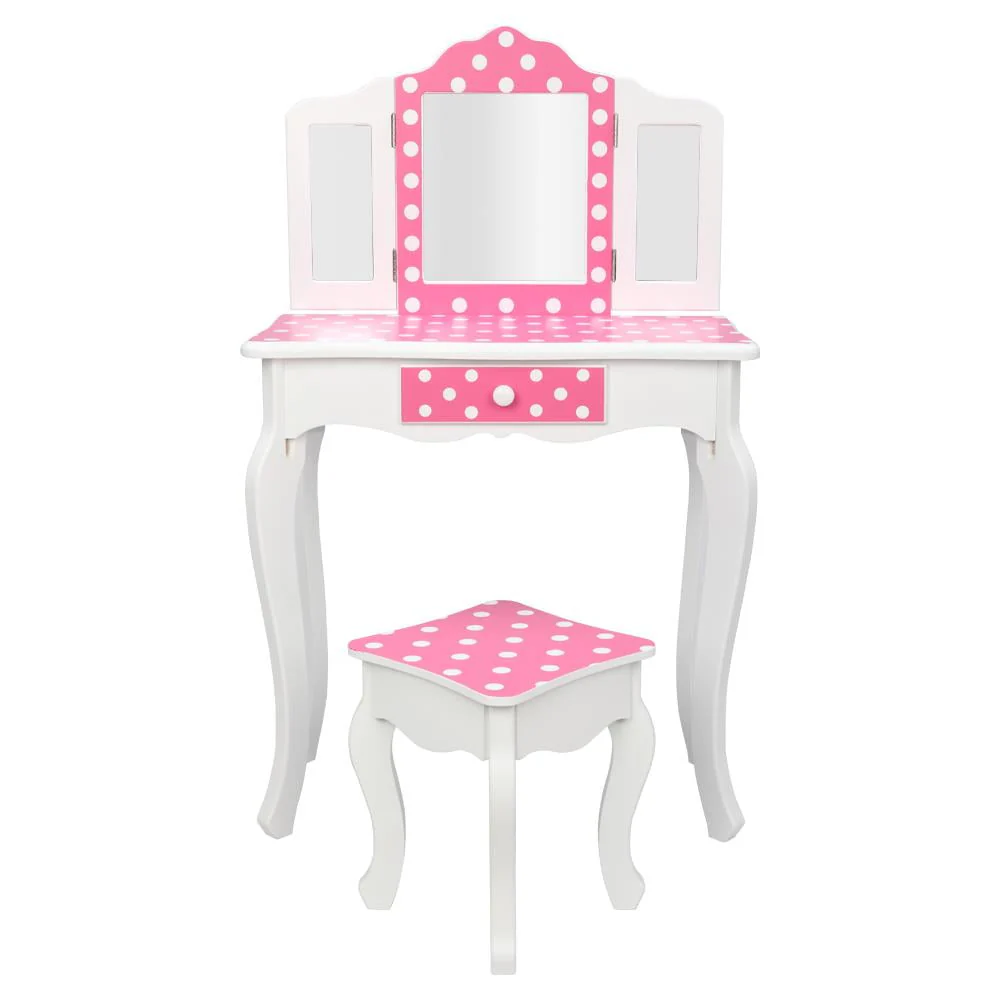 Kids Vanity Table and Stool Set with 3 Mirrors, Pretend Play Princess Makeup Dressing Table,Children's Furniture(Blue) Image 6