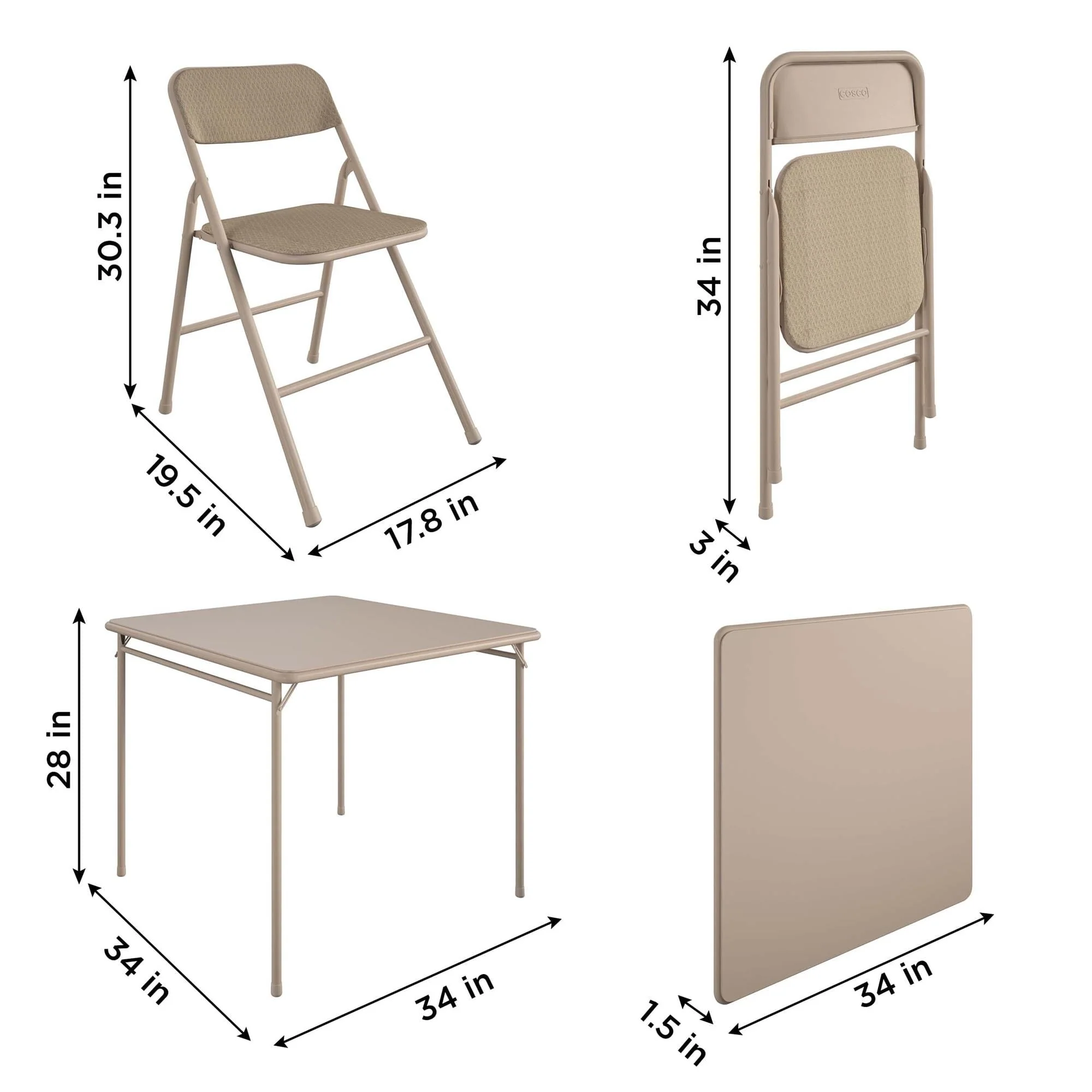COSCO 5 - Piece Folding Dining Set with Card Table and 4 Fabric Padded Chairs, Tan
