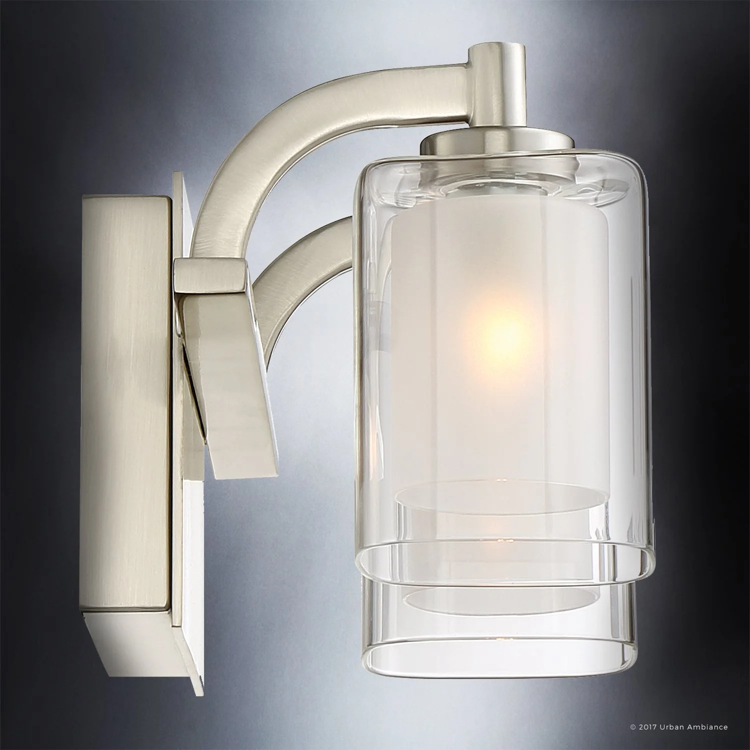 Urban Ambiance Luxury Modern Bathroom Vanity Light, Medium Size: 6"H x 13"W, with Posh Style Elements, Brushed Nickel Finish and Sand Blasted Inner Glass, Clear Outer Glass, UQL2400(Nickel)