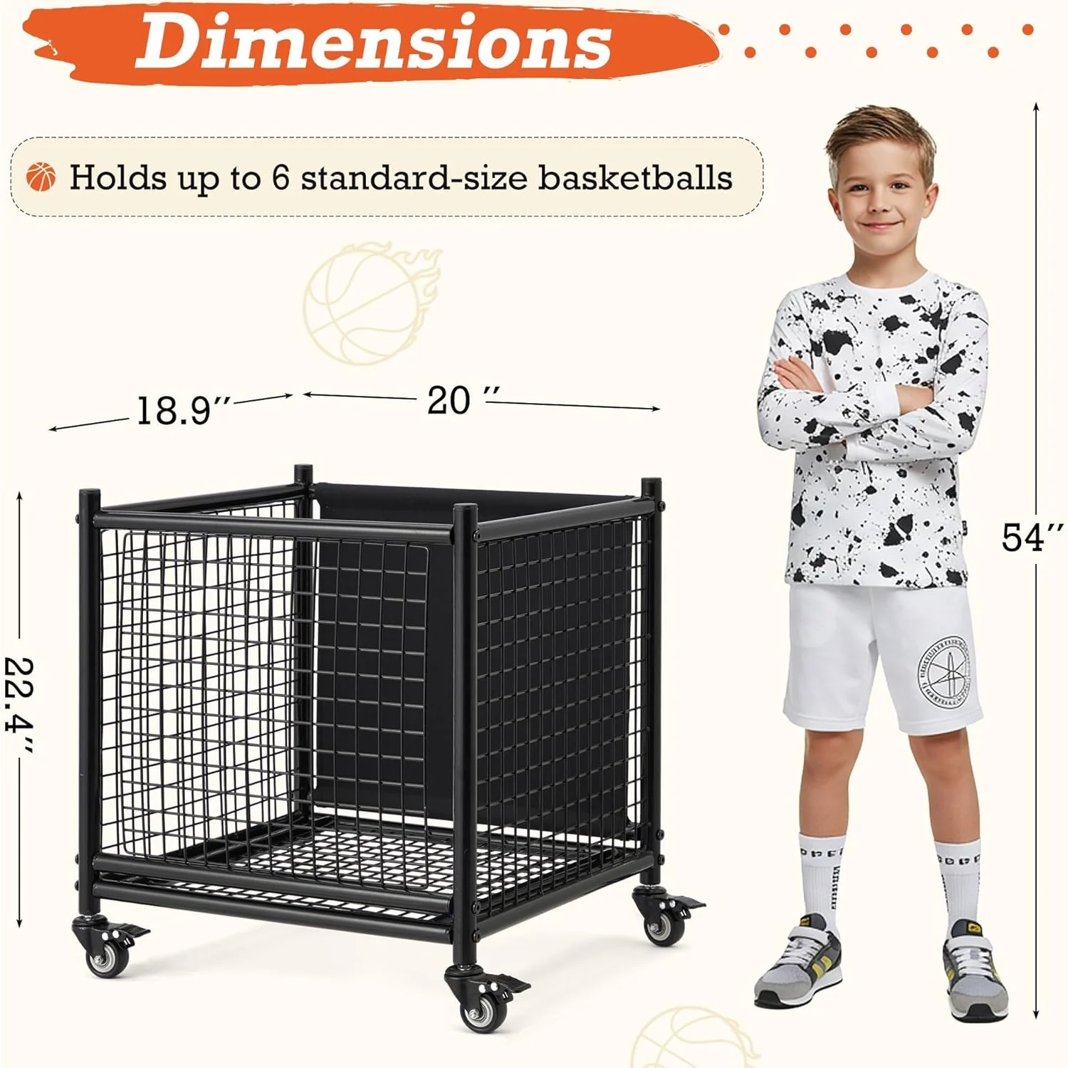AECOJOY Ball Cart Storage, Rolling Basketball Bin with Wheels for Garage, School, Gym, Sports Equipment and Toy Organizer, Medium