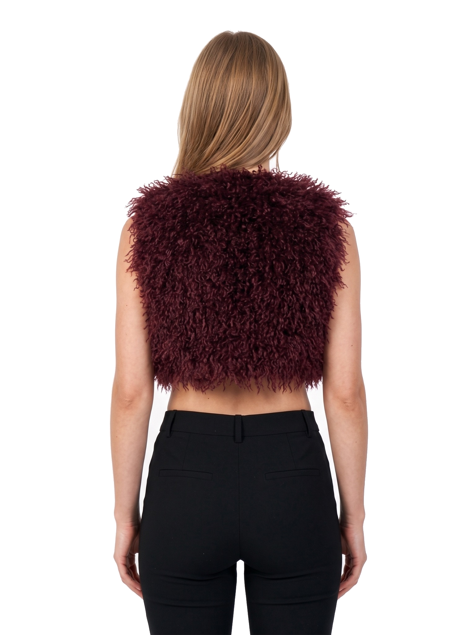 Back view of a woman wearing a maroon faux fur vest