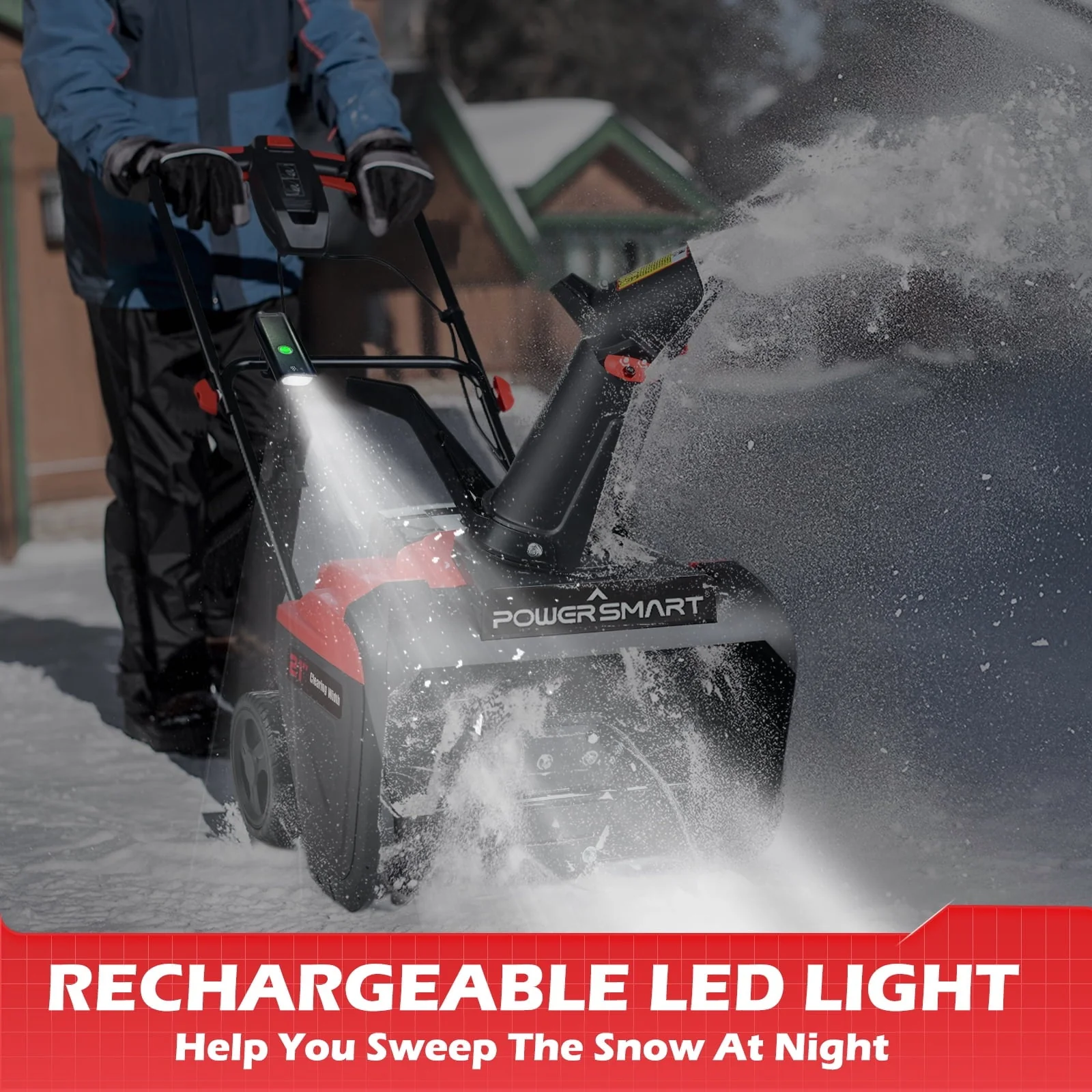 PowerSmart Electric Snow Blower, 21 inch 15 Amp Corded Single Stage Snow thrower with Rechargeable LED Light, DB5021LW Image 2