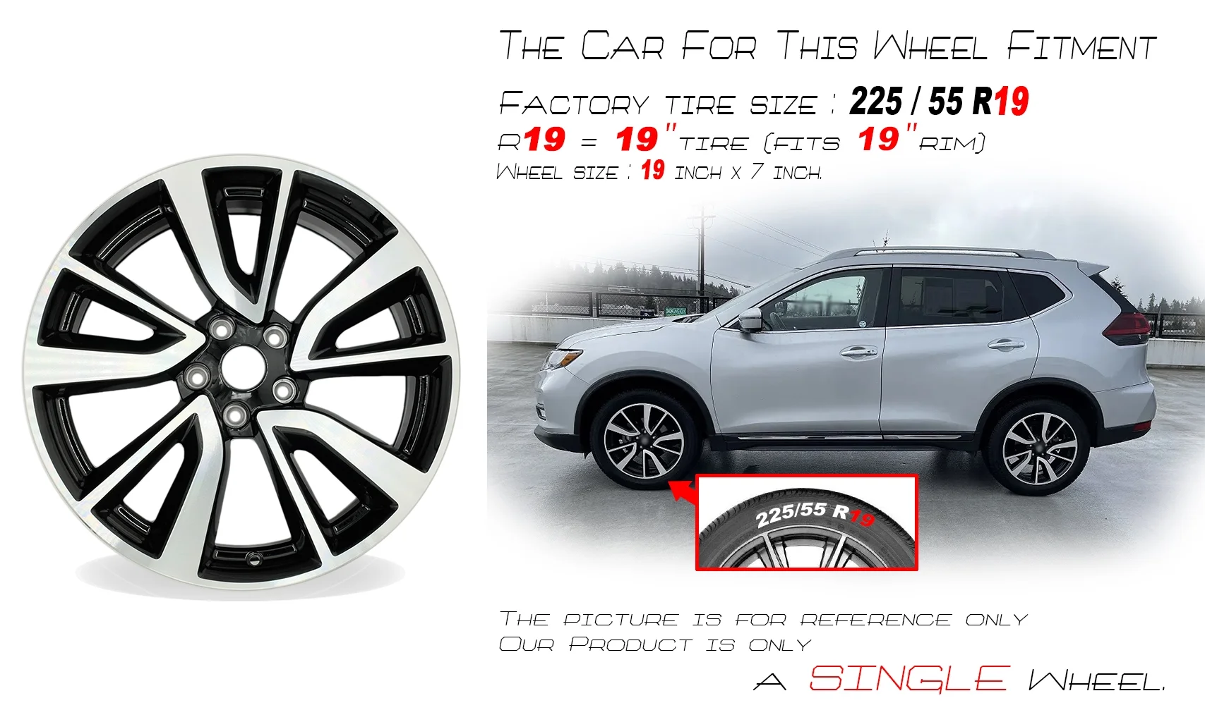 For Nissan Rogue OEM Design Wheel 19" 19x7 2017 - 2020 Machined Black Single Replacement Rim