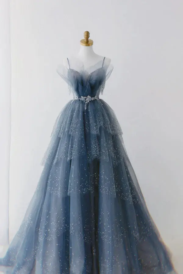 Dusty Blue Sparkly Tulle Beaded Prom Dress, Tiered Formal Gown With Rhinestone DM1932