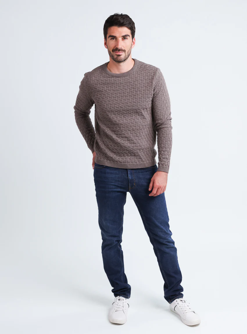Pull homme damier en laine beige taupe