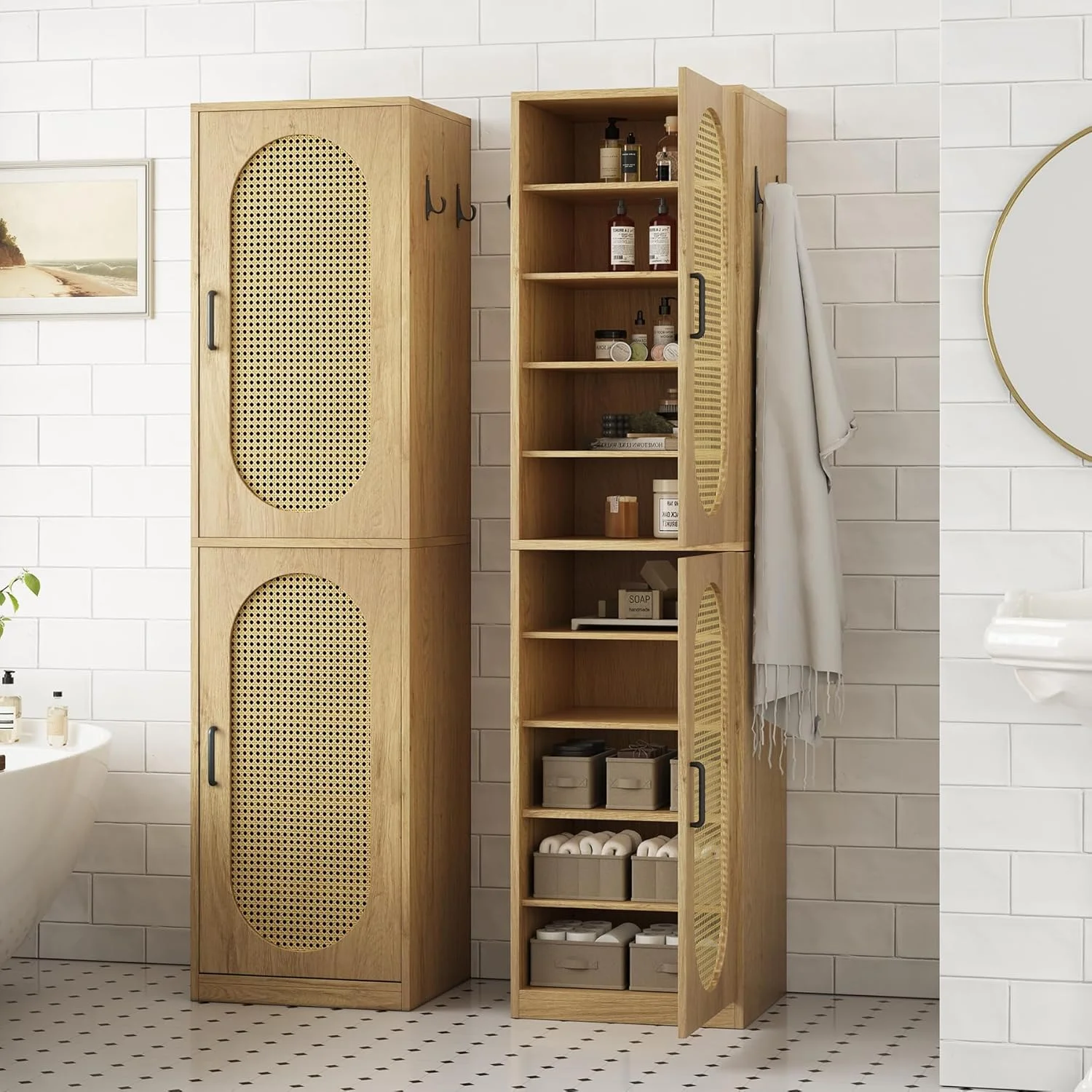 66-Inch Bathroom Storage Cabinet with Rattan Doors, Bath Room Organizer Floor Cabinets Brown - Image 7