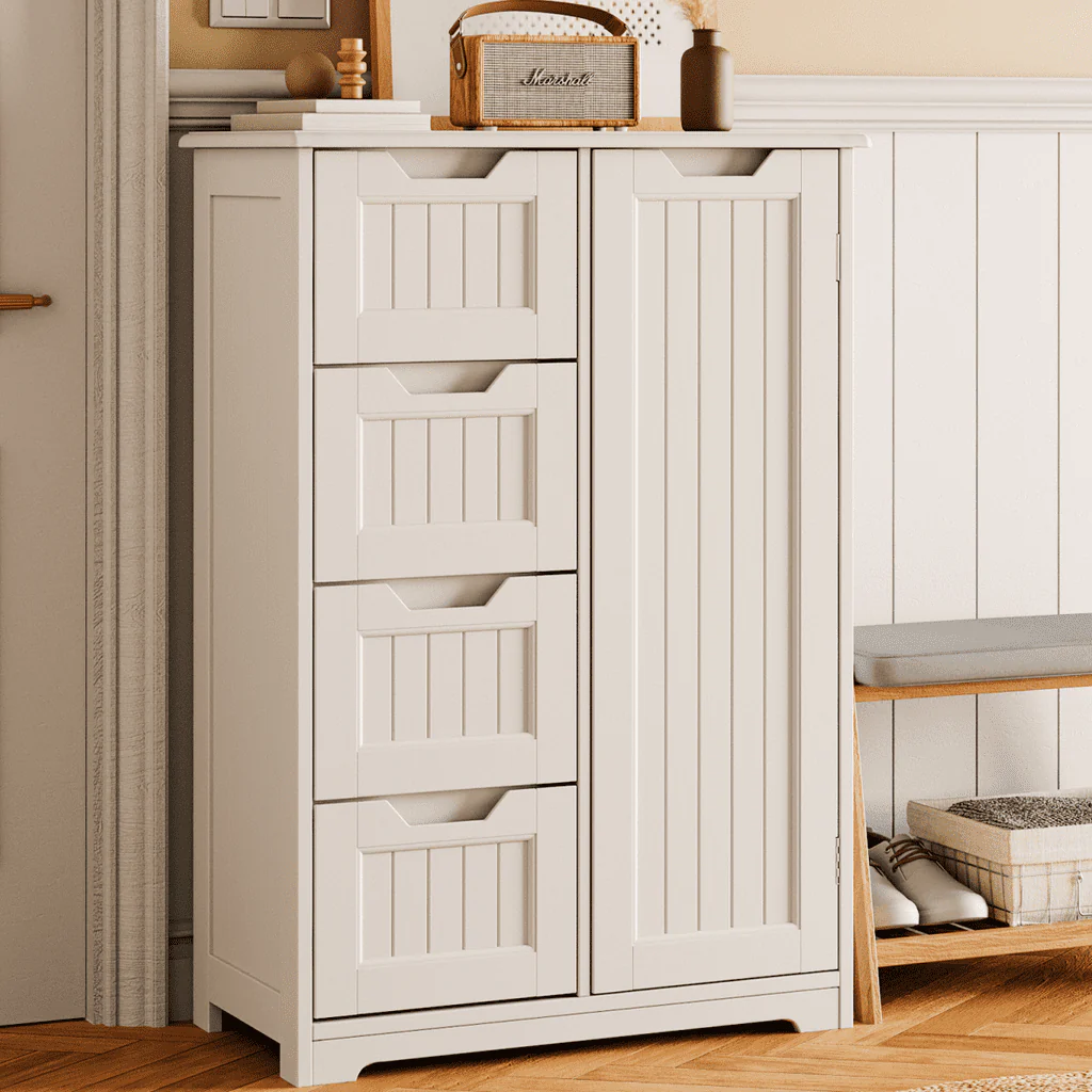 33 5 "H Wooden Bathroom Floor Cabinet with 4 Drawers and 1 Door for Bathroom, Kitchen, Bedroom White Image 7